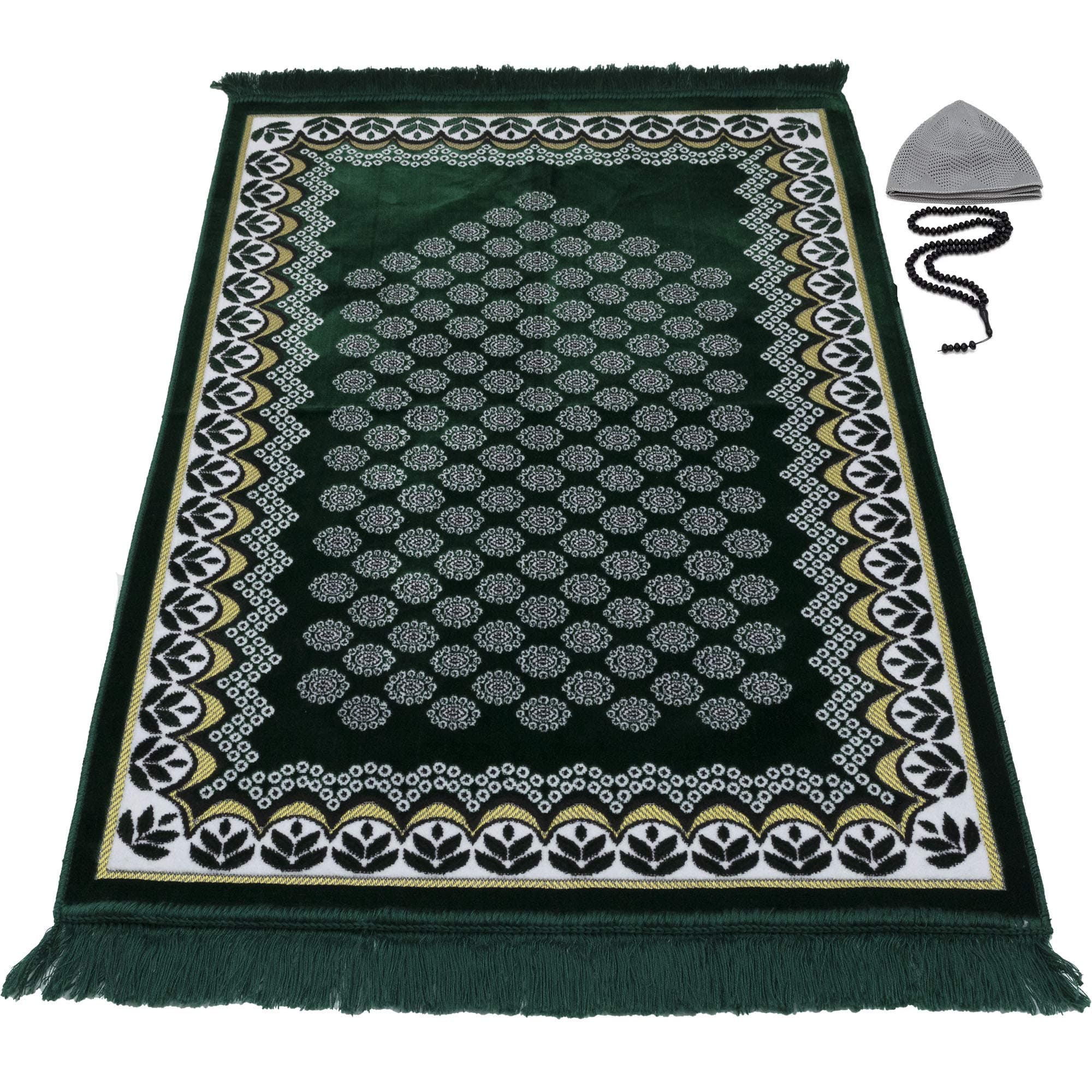 Modefa Turkish Islamic Prayer Rug - Thin & Lightweight Velvet Praying Carpet - Soft Muslim Praying Mat Janamaz - Ramadan or Eid Gift for Men & Women - with Car Hanger - Vined Arch (Daisy Green)