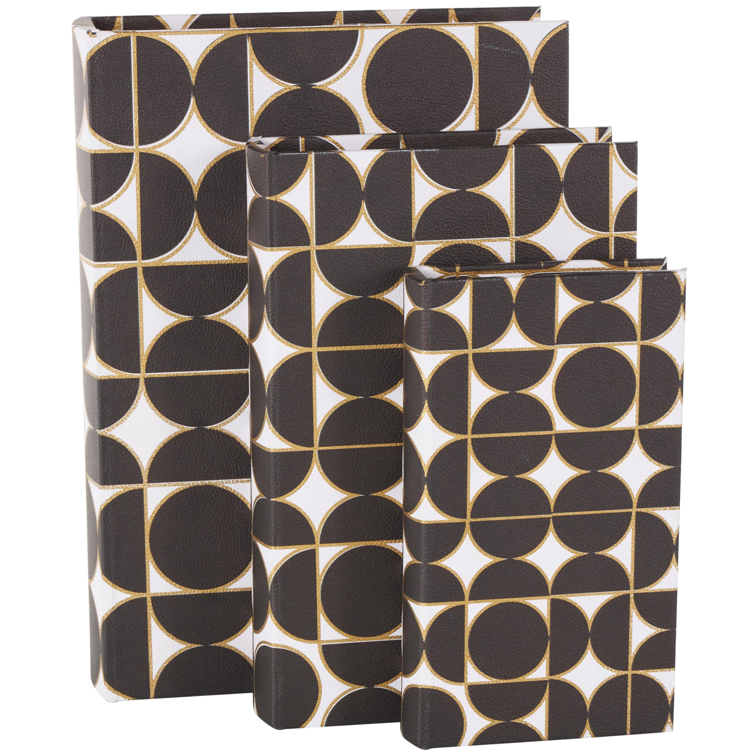 Deco 79 Faux Leather Decorative Box Faux Book Storage Book Shaped Boxes with White and Gold Geometric Patterns, Set of 3 Decorative Keepsake Boxes 13", 11", 9"H, Black