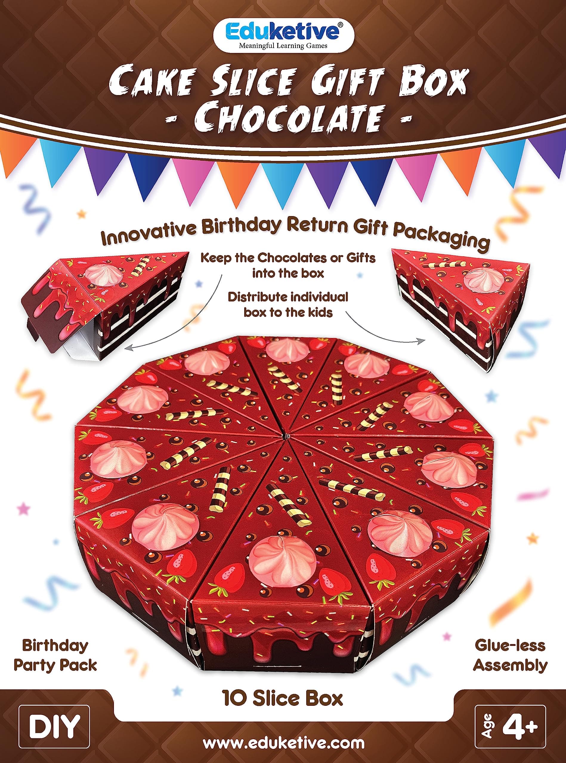 Pack of 2 Chocolate Cake Slice Gift Box (10 Slice Cake Box) Birthday Return Gift Packaging and Sweet Distribution for Kids Party or event