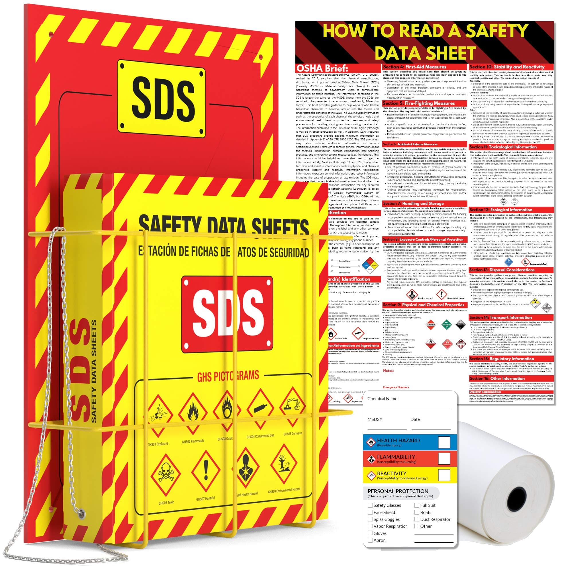 MSDS Wall Station with 3” SDS Binder & Wire Rack, OSHA/GHS Safety Data Sheet Station, Bilingual Labels, Display Sign, Chain & Mounting Hardware