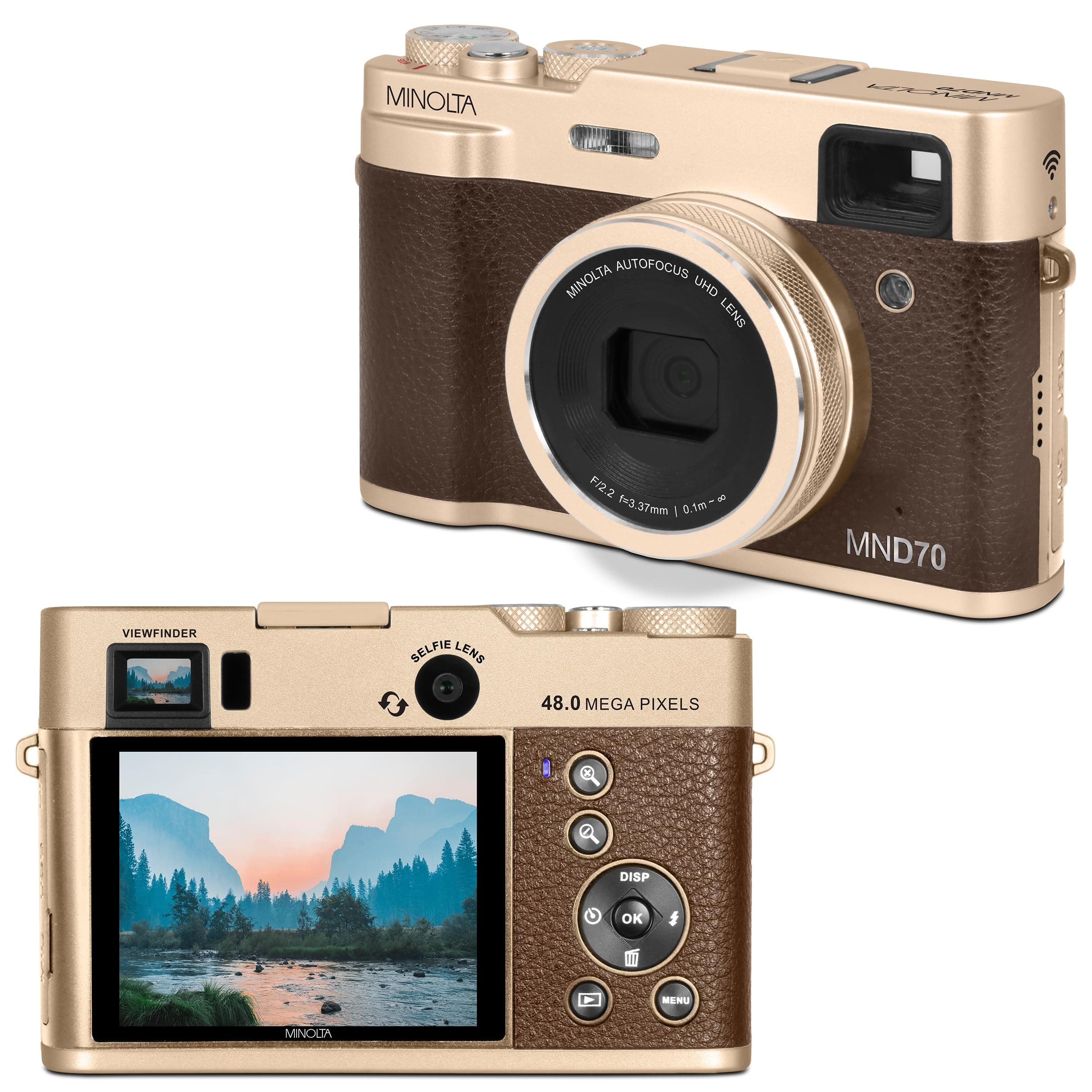 Minolta MND70 Retro 48MP Auto Focus Digital Camera with 5K Ultra HD Video, Rear Selfie Lens and WiFi, Gold
