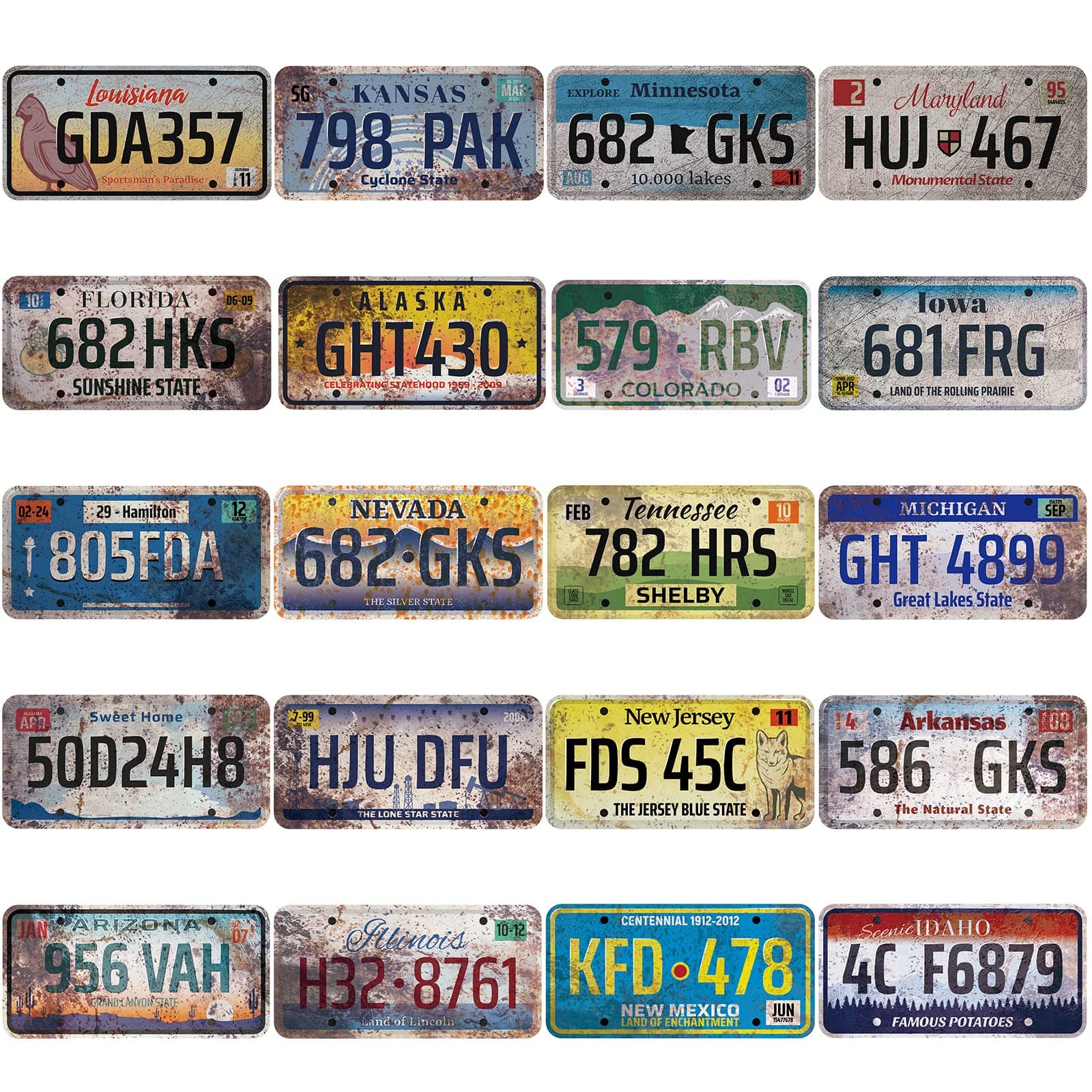 20 Pcs License Plate Decor Assorted Garage Decor License Plates Stickers Retro Vintage Us States Number Tags Automotive Vintage Decor Retro Home Decor for Man Cave Garage DIY Bar Home, 6 x 12 Inch