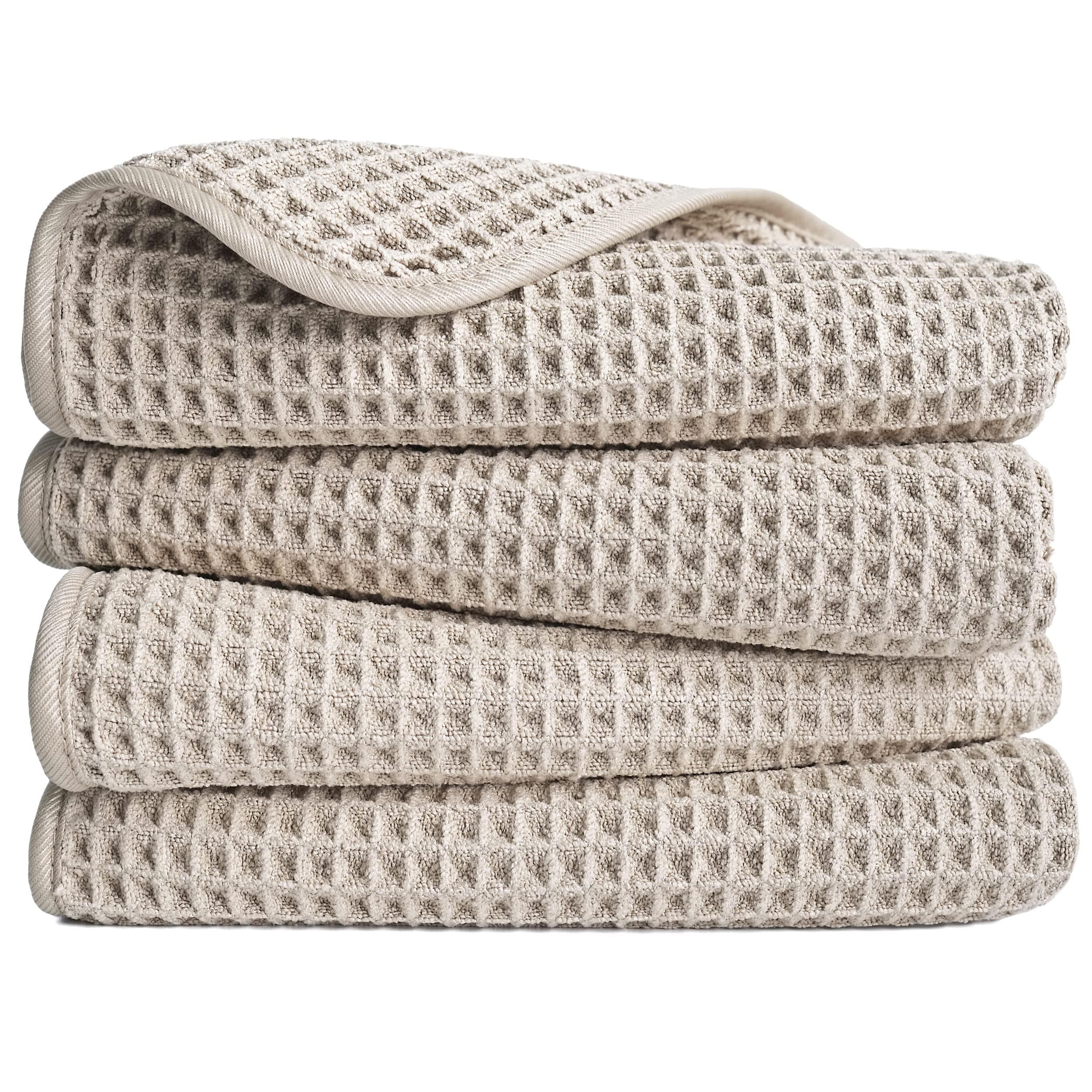 Microfiber Lint Free Hand Towel, 16 x 30 in, 4 Pack (Beige, Waffle Weave)