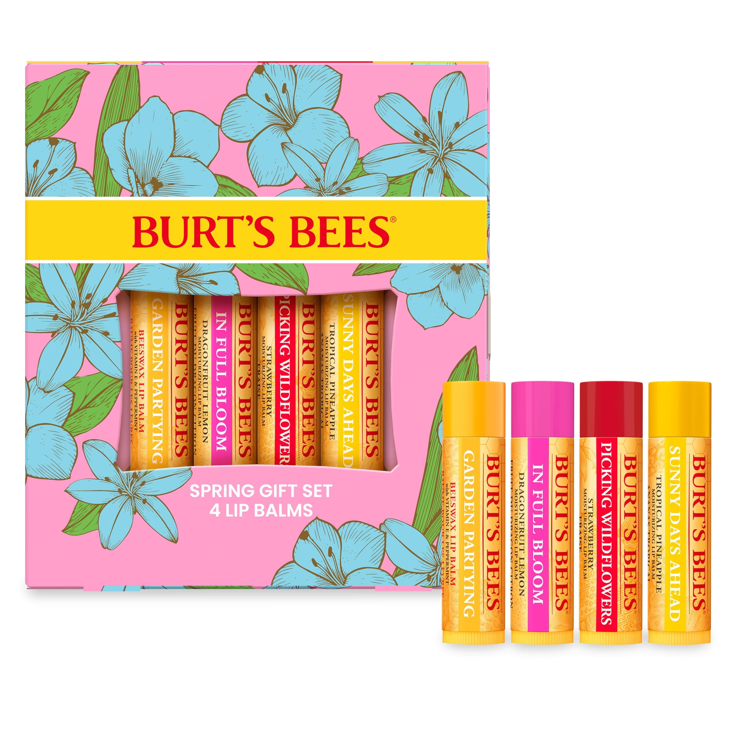 Burt's Bees Easter Basket Stuffers, In Full Bloom Lip Balm Set, Original Beeswax, Dragonfruit Lemon, Tropical Pineapple & Strawberry, Natural Origin Lip Treatment, 4 Tubes, 0.15 oz.