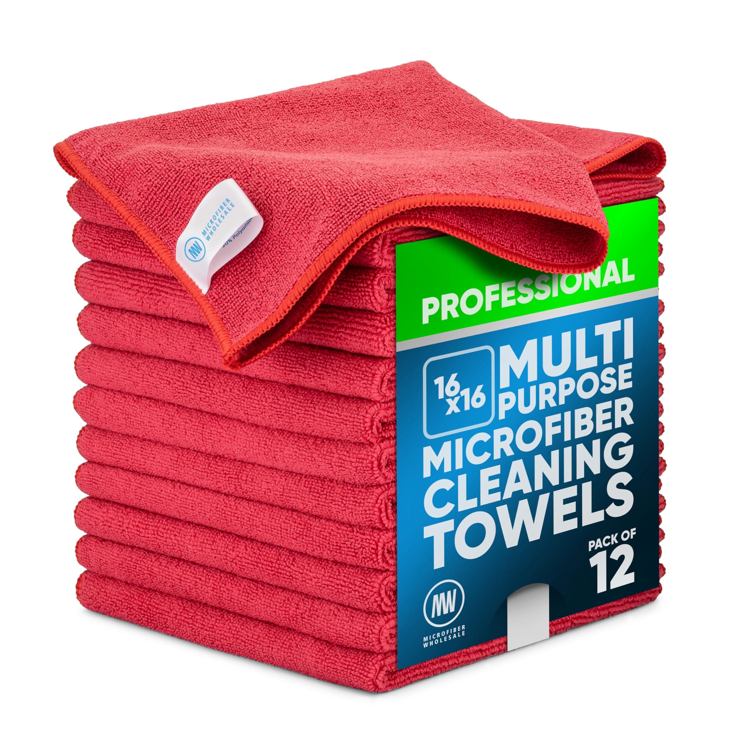 MW Pro Microfiber Cleaning Cloth | Red (12 Pack) | Size 16" x 16" | All Purpose Microfiber Towels - Clean, Dust, Polish, Scrub, Absorbent