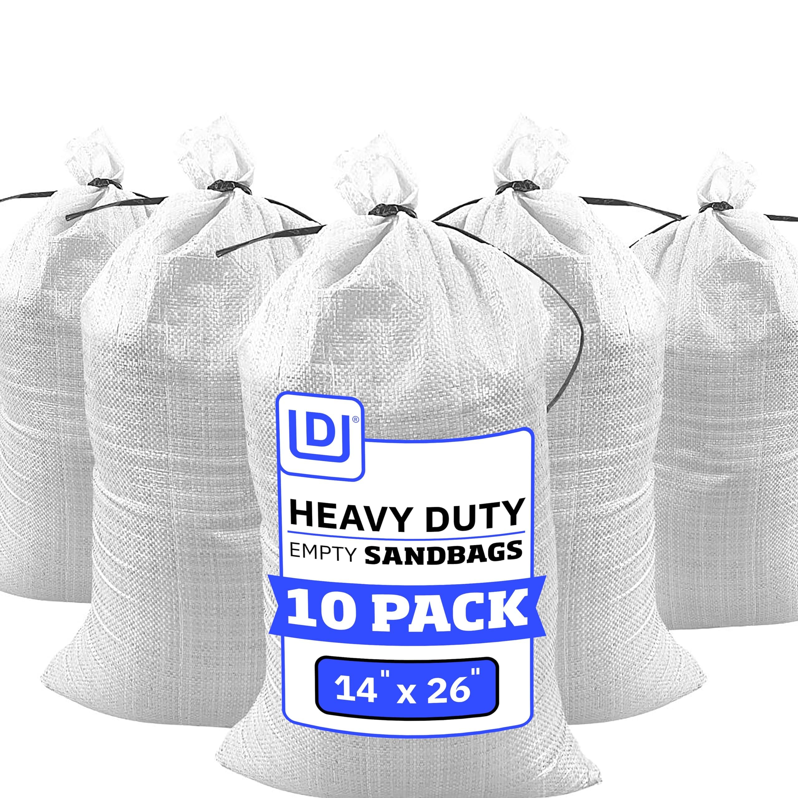 Heavy Duty Sand Bags with Tie Strings Empty Woven Polypropylene Sand-Bags for Flood Control with 1600 Hours of UV Protection, 50 lbs Capacity, 14x26 inches, White, Pack of 10