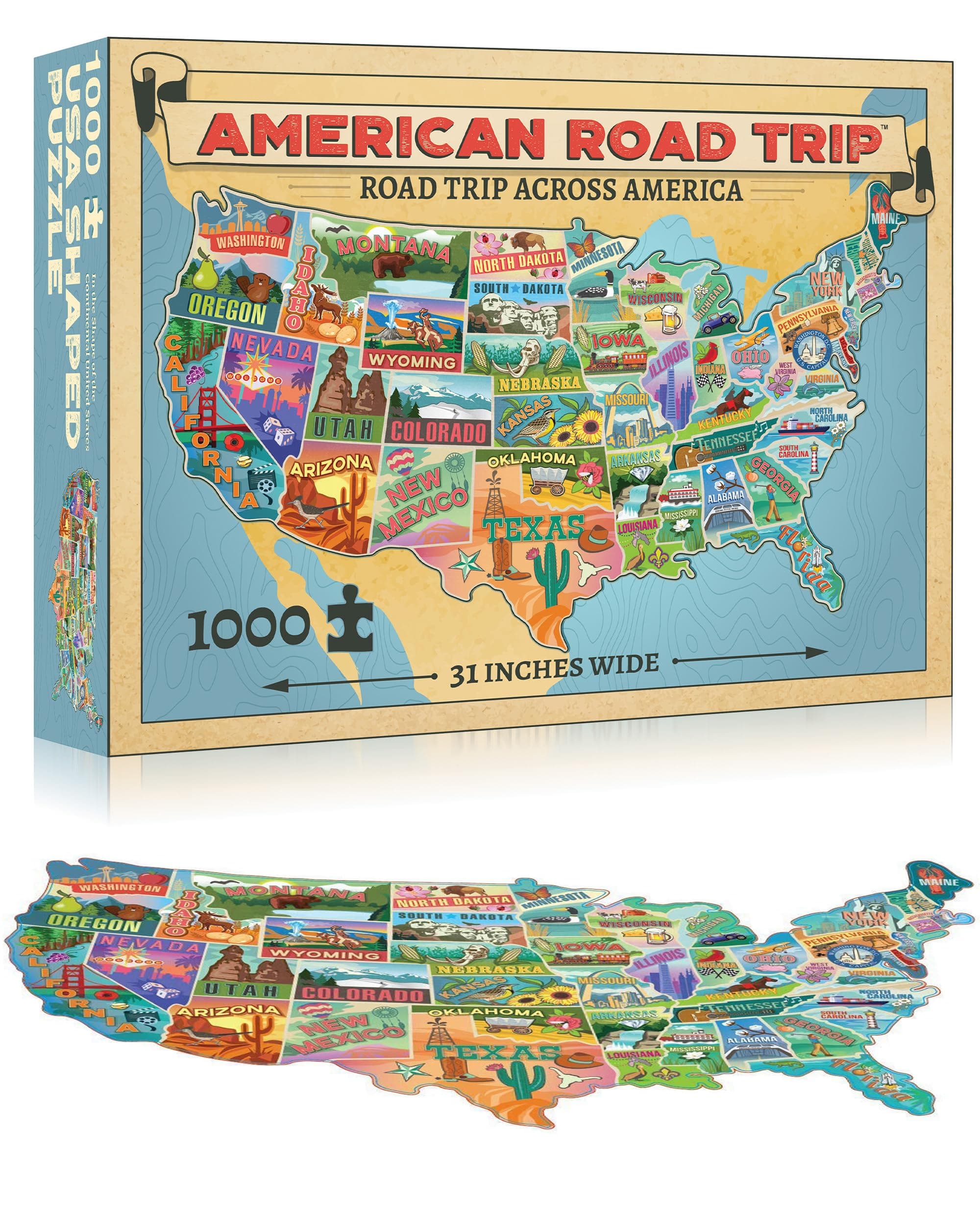 TDC Games USA - Shaped 1000 Piece Puzzle - Large Challenging Map with Roadtrip Art, Educational Game for Family Game Night, House Party & Travel