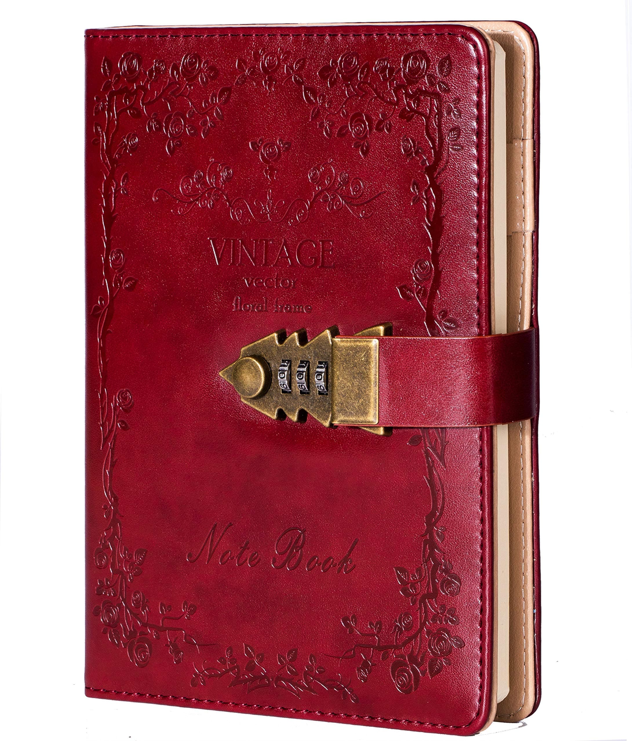Diary with Lock for Women Men, A5 240 Pages Lock Journal Refillable Leather Journal Writing Notebook (21 × 15cm) Wine Red