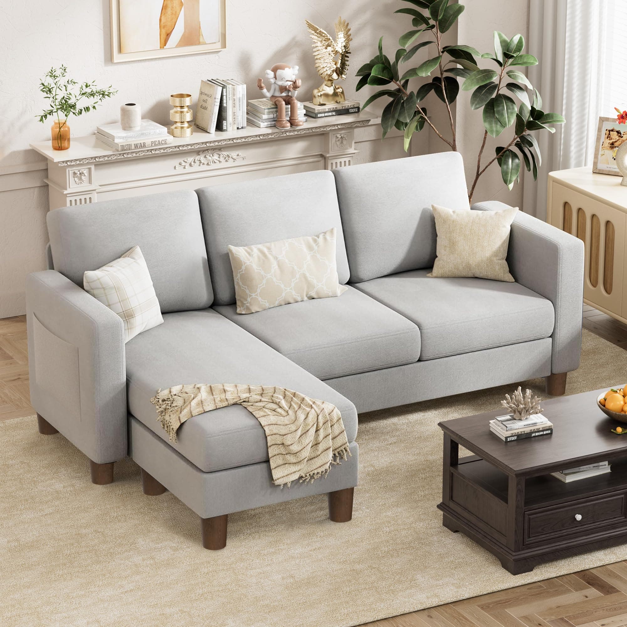 Convertible Sectional Sofa Couch, 3 Seat L-Shaped Sofa with Linen Fabric Ottoman Small Couch for Small Apartments, Living Room and Office (Linen Fabric, Light Gray)