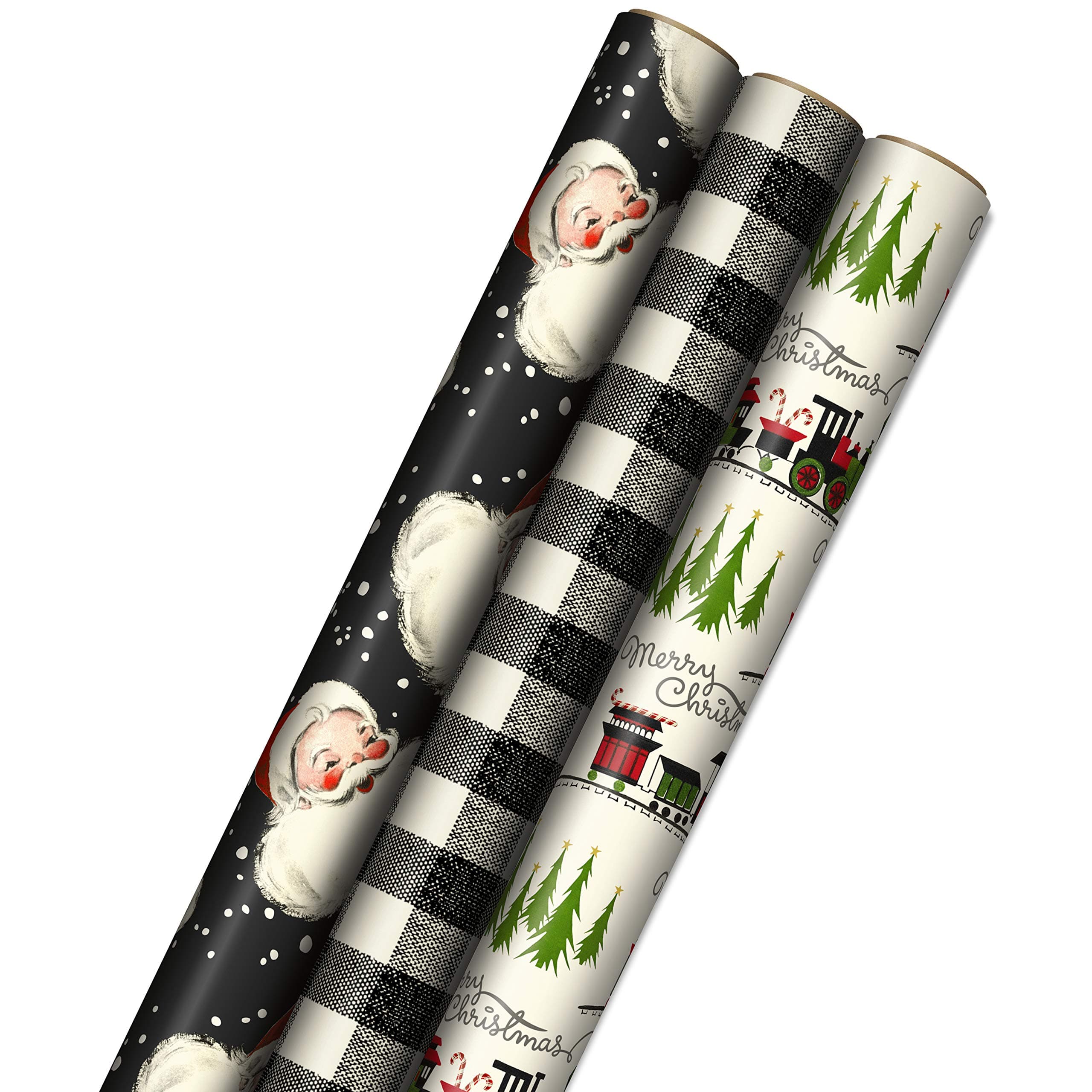 Black Christmas Wrapping Paper with Cut Lines on Reverse (3 Rolls: 120 sq. ft. ttl) Retro Santa, Black and White Buffalo Plaid, Train and Trees (0005JXW1077)