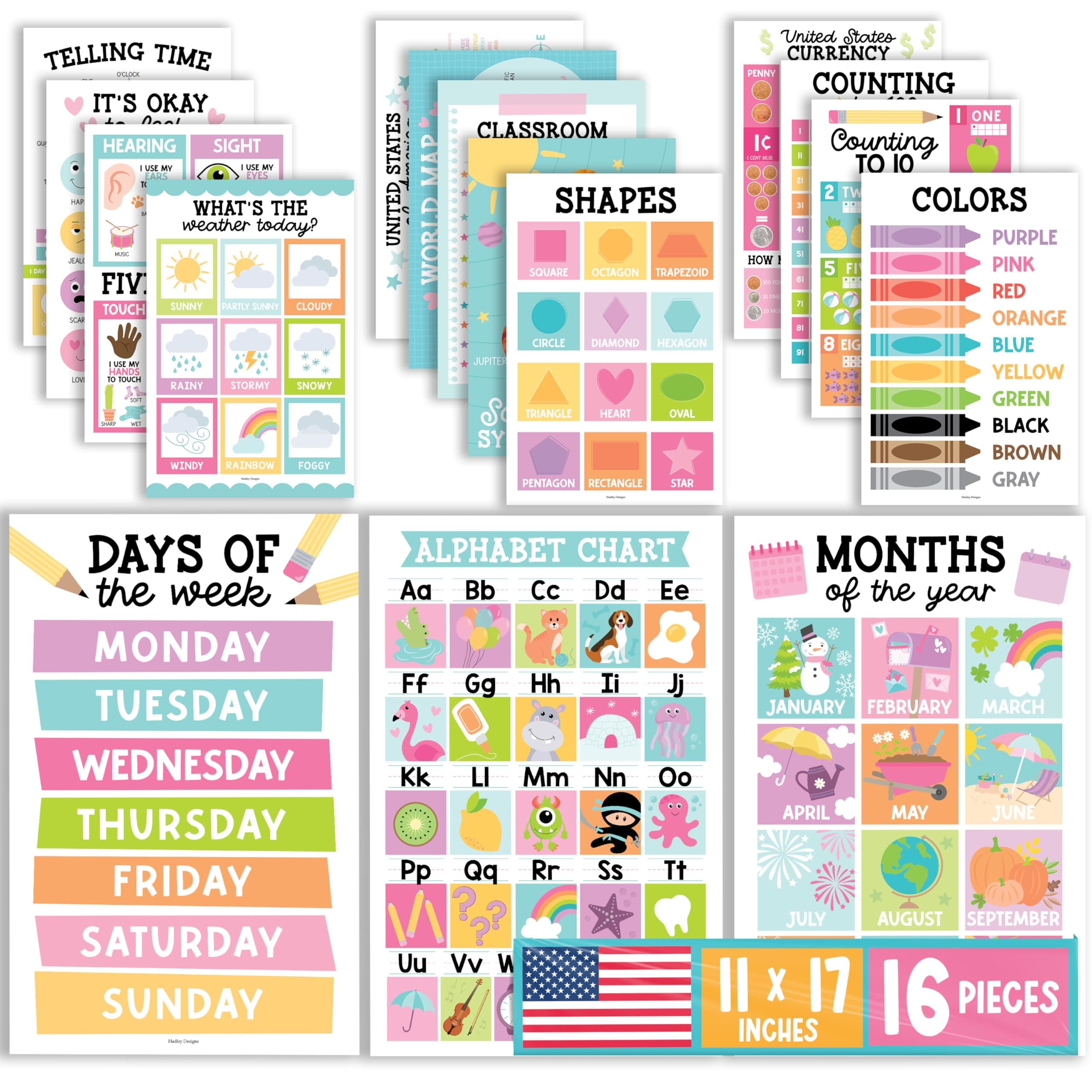 Hadley Designs 16 Educational Posters for Toddlers 1-3 - Learning Poster for Kids Ages 3-5, Alphabet Chart Playroom Homeschool Daycare & Classroom Decor, Kindergarten & Preschool Classroom Must Haves