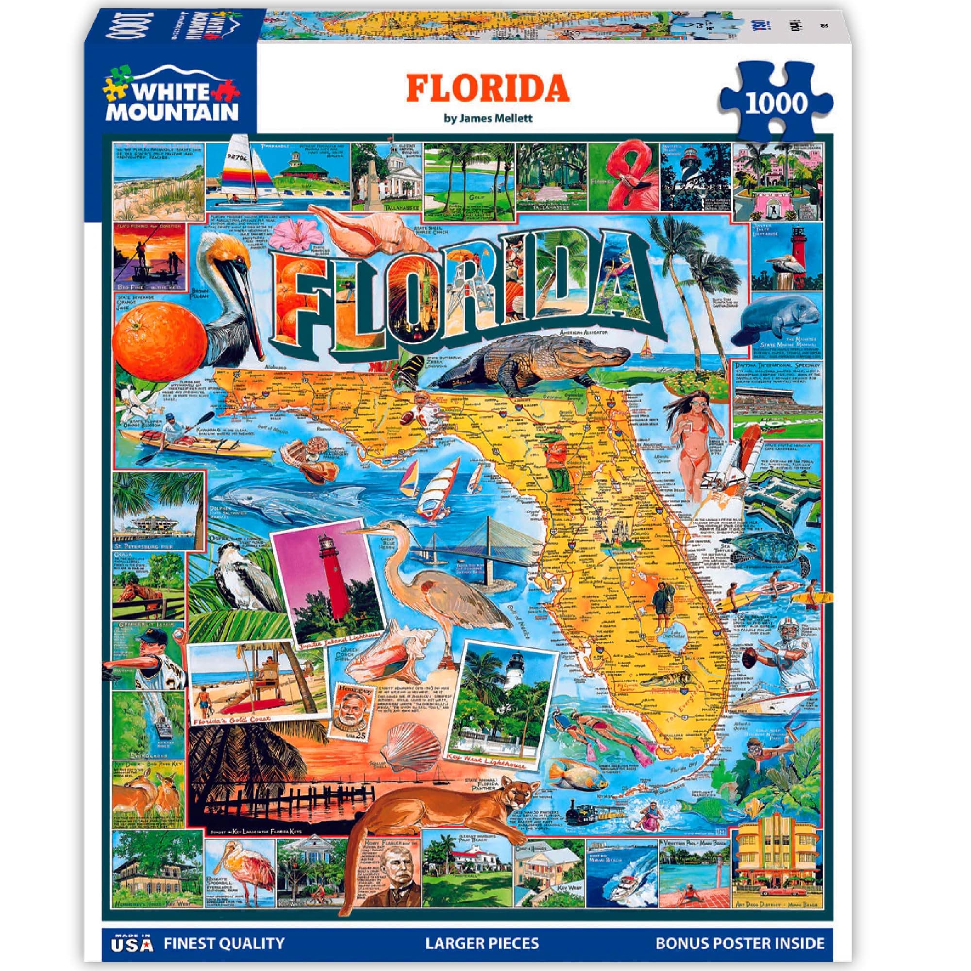 White Mountain 1000 Piece Jigsaw Puzzle Sunshine State Collage Puzzles with Large Pieces Gift for Adults and Family 24"x30" - Florida States