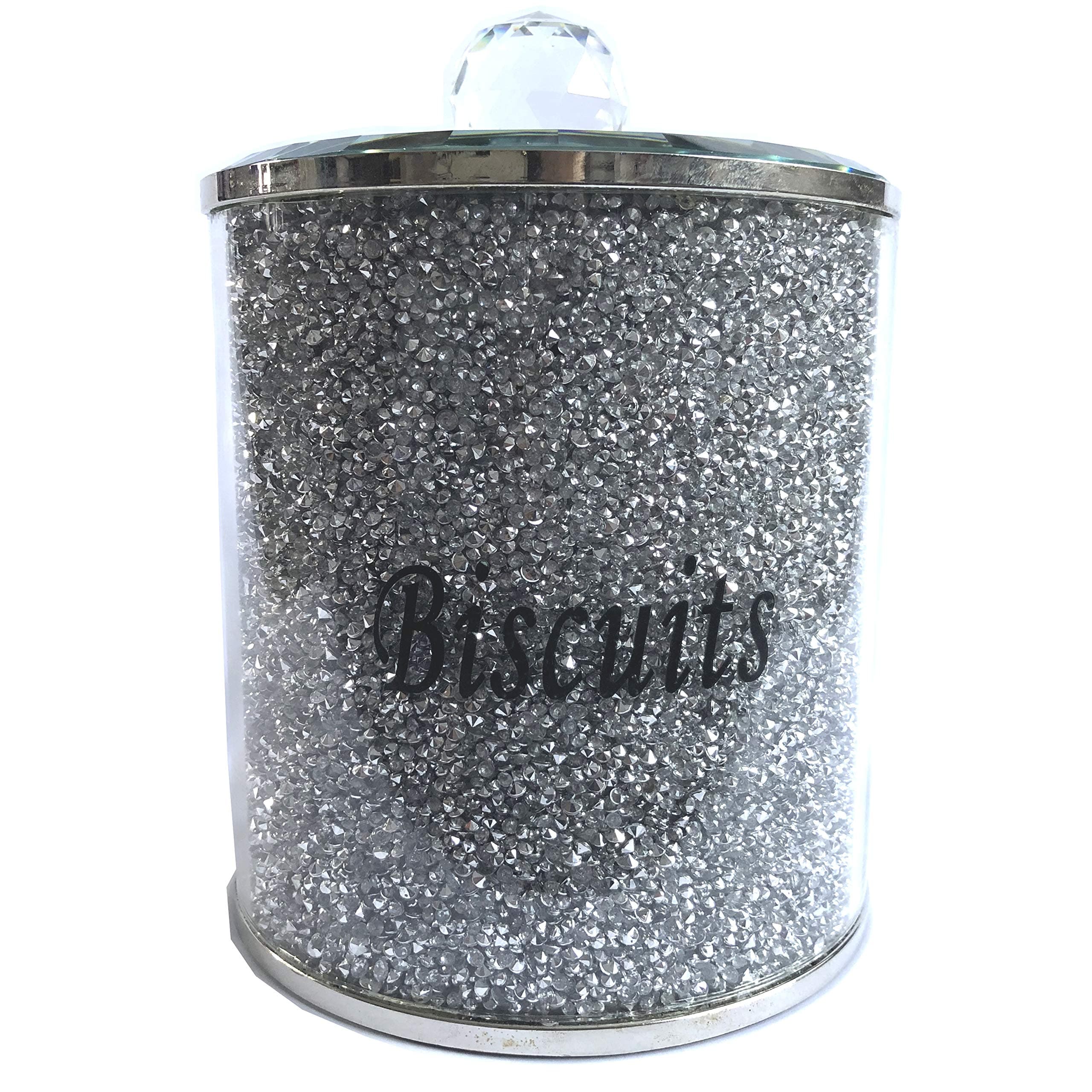 CMK Silver Diamond Crushed Biscuit Canister Jar Tin Kitchen Storage Silver Trimmings Crystal Filled