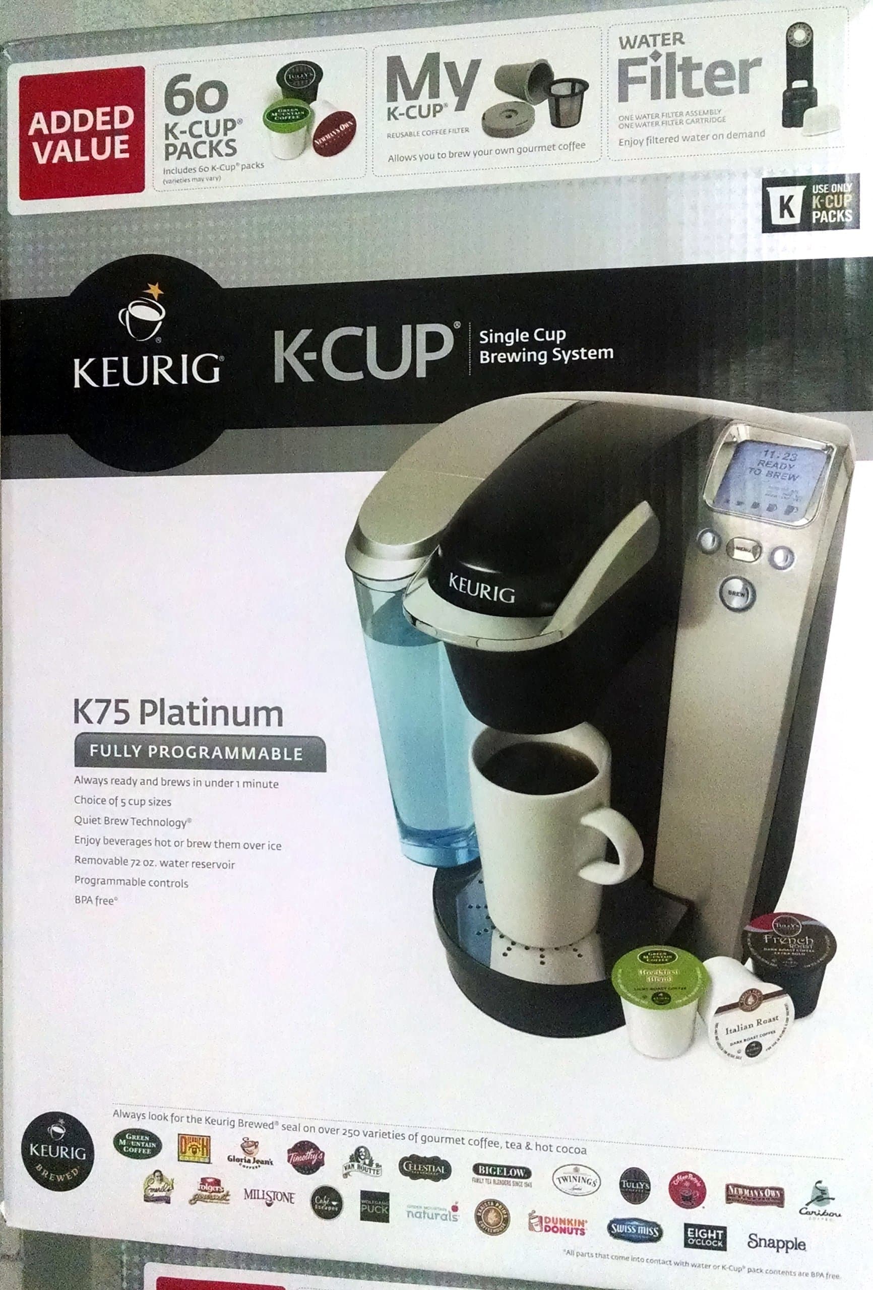 Keurig K75 Platinum Single-Cup Home-Brewing System with Water Filter Kit, 60 K-Cup Packs, and Reuseable Keurig My K-Cup Filter, Platinum