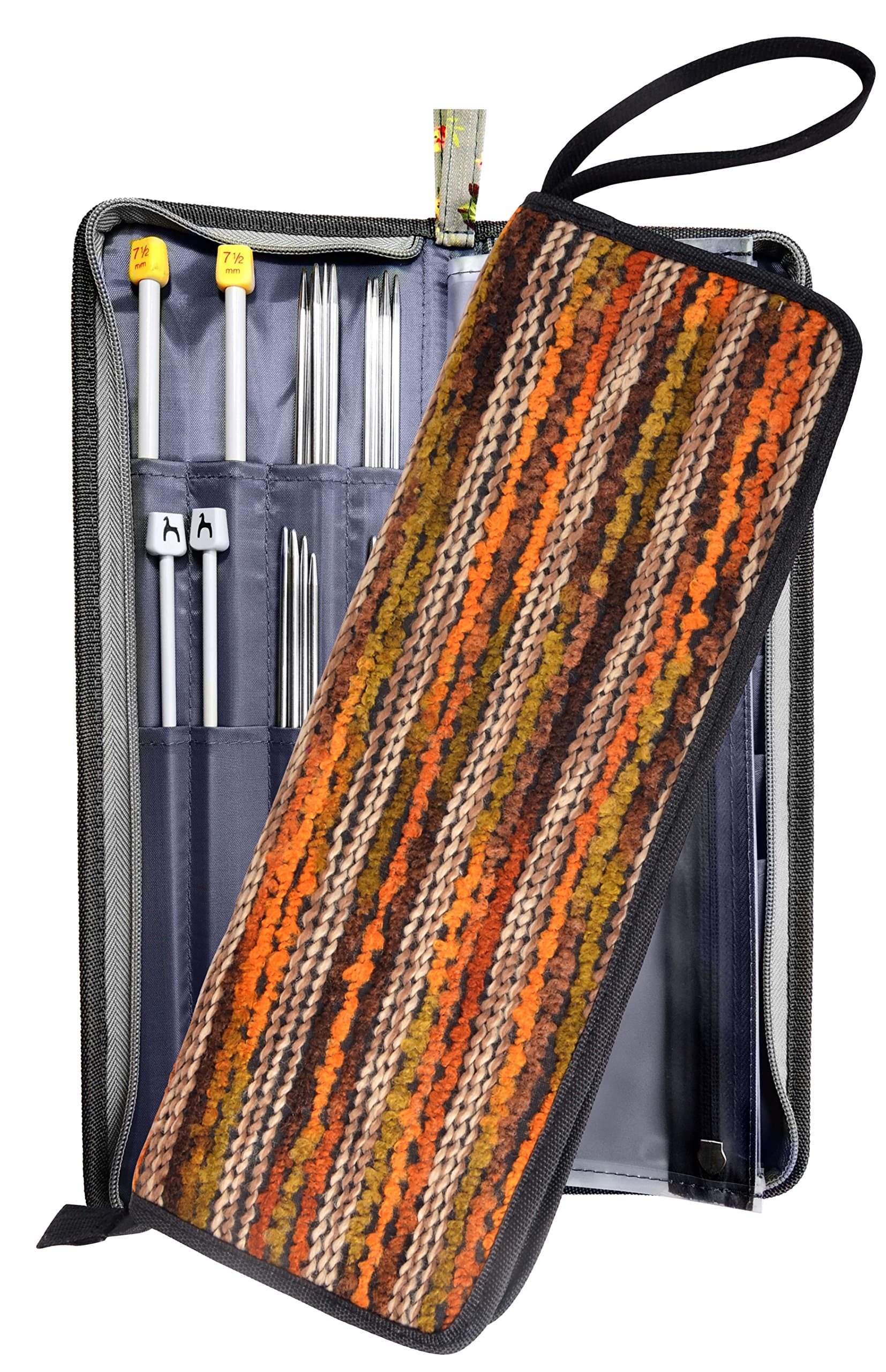 Luxury Woolen Zip Around Structured Straight Needle (Up To 14") Circular Knitting Needle Case Organizer, Two Zipper Pockets For Knitting Accessories