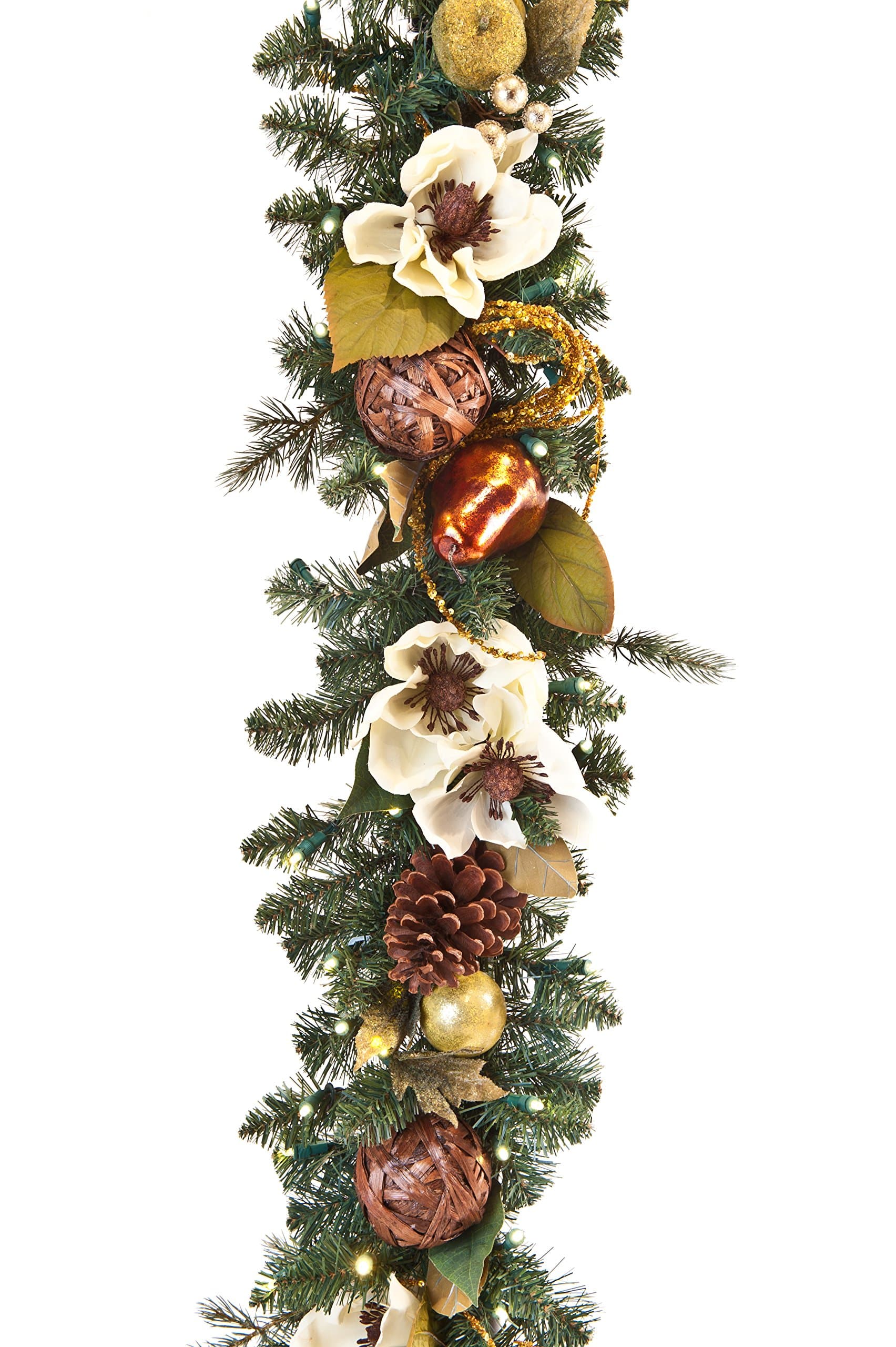 9 ft. Artificial Pre Lit LED Decorated Christmas Garland-Gold Pear and Magnolia decorations-100 Super Mini LED Warm Clear Colored Lights with Timer and Battery Pack for Indoor and Outdoor use