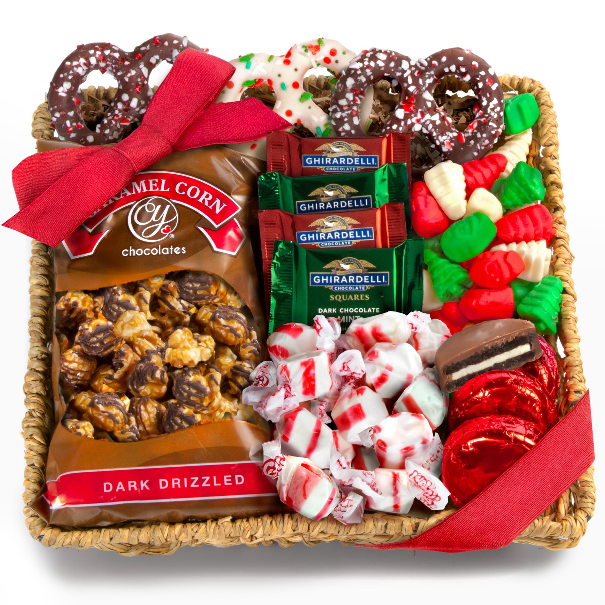 Holiday Classic Chocolate, Candy & Crunch Gift Basket With Handmade Chocolates, Ghirardelli, Caramel Corn for Gourmet Christmas Food Gift