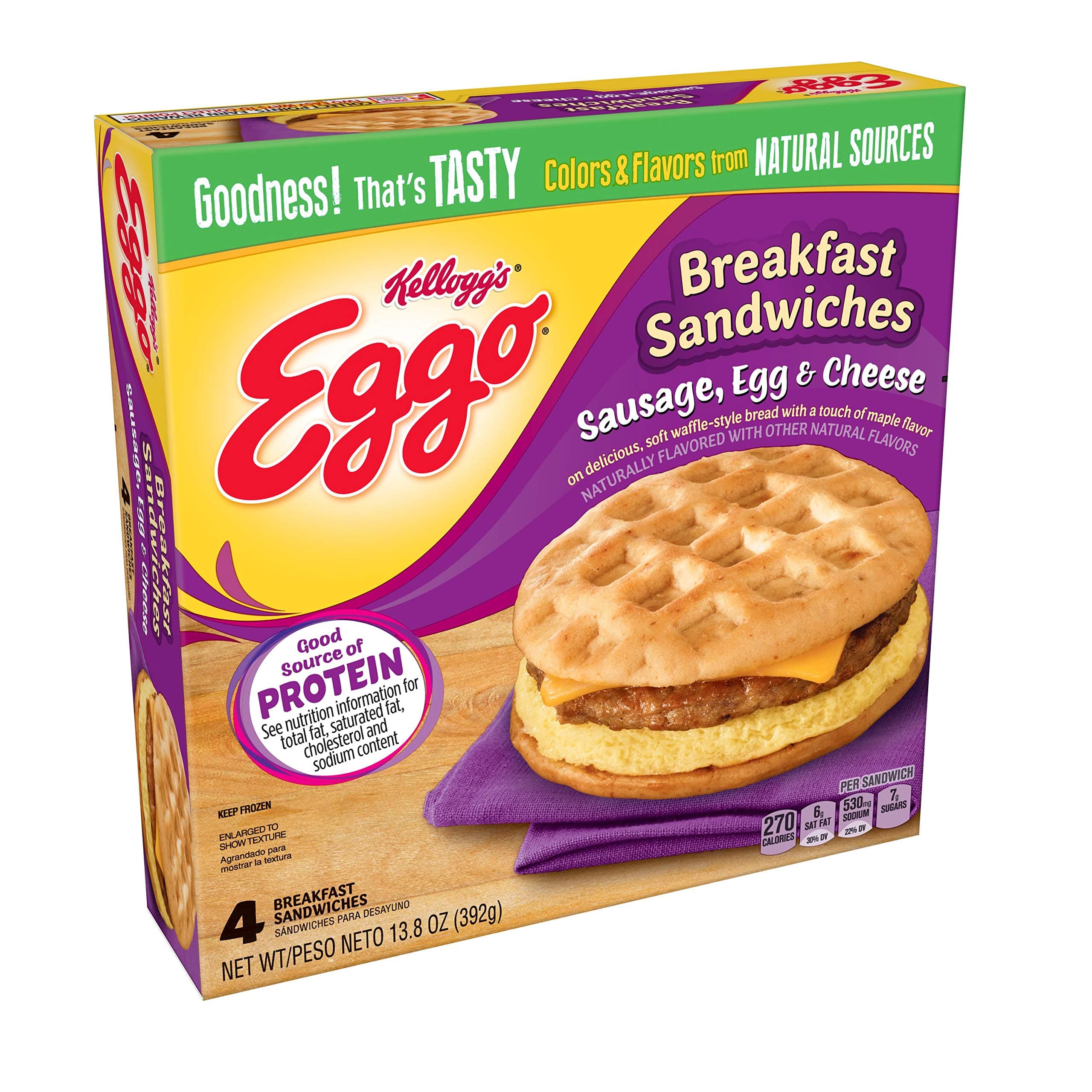 Kellogg’s Eggo, Breakfast Sandwiches, Sausage, Egg and Cheese, Single Serve, 13.8 oz Box (4 Count)