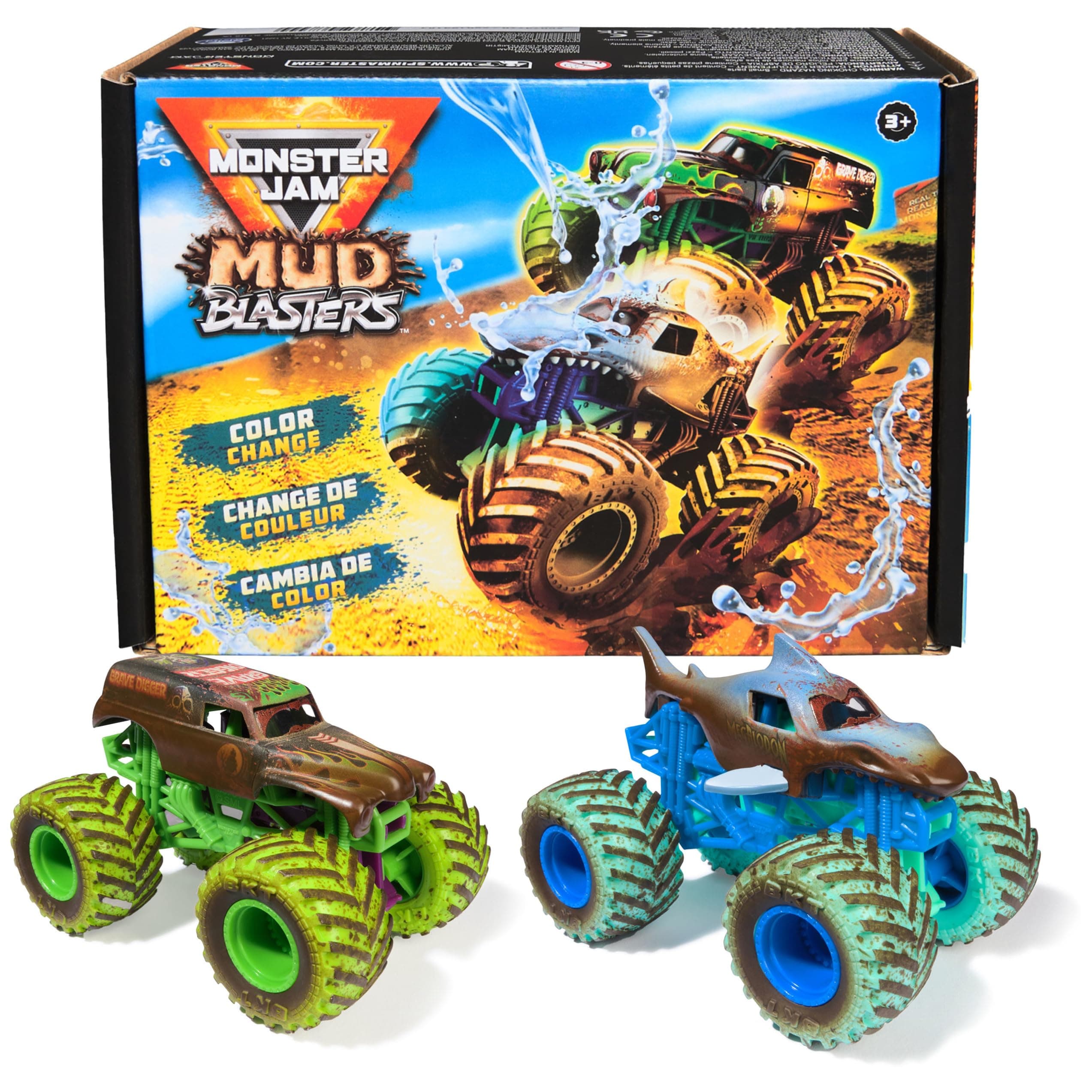 Monster Jam Mud Blasters, Grave Digger and Megalodon Color Changing Trucks 2-Pack, 1:64 Die Cast Vehicle, Kids Toys for Boys and Girls 3 and Up