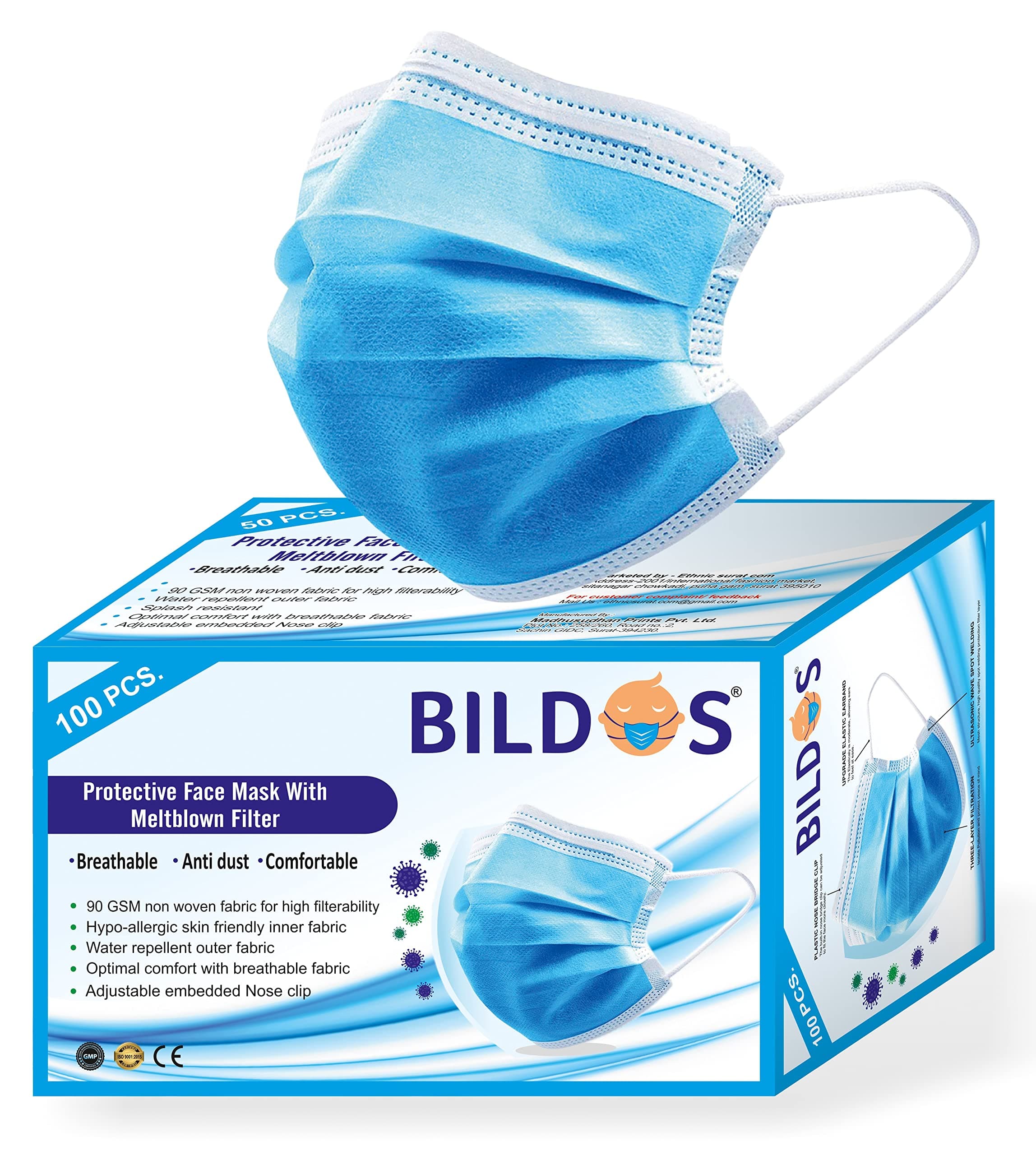 Bildos® Melt-Blown Layer 100 Pieces Disposable Face Mask With In-built Nose Clip (Blue) For Men & Women