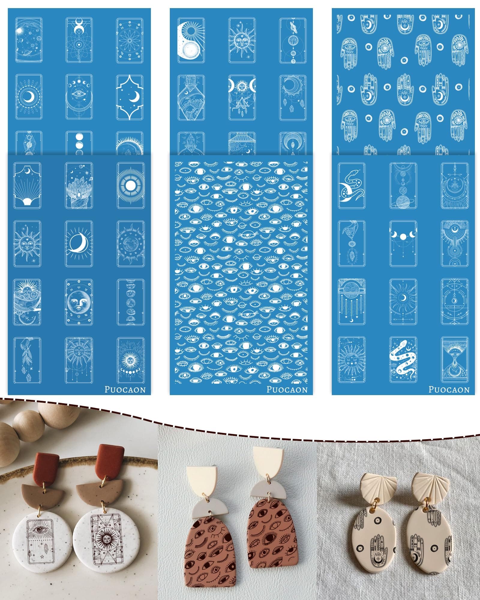 Puocaon Tarot Clay Silk Screen - 6 Pcs Tarot Card Polymer Clay Silk Screen Stencils for Clay Jewelry, Evil Eye Mystic Silk Screen Stencils for Polymer Clay Earrings, Moon Clay Silk Screen