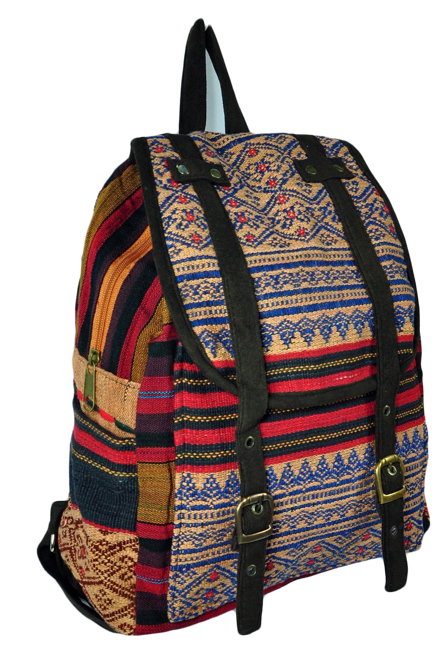 Hmong Handmade Woven Lace Backpack Satchel Knapsack with Adjustable Shoulder Straps Embroidery Asian Thai Style Hippie Cotton Fabric Lanna Pattern Bag From Chiangmai Thailand