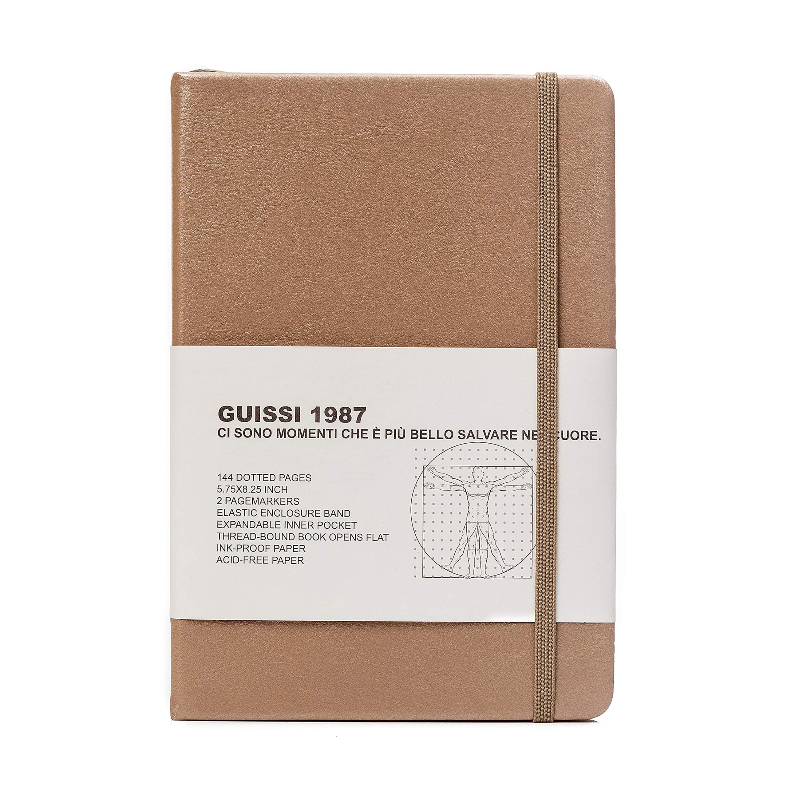 Guissi Classic Dotted Grid Bullet Notebook Journal Dot Hard Cover A5 Premium 80gsm Thick Acid-Free Paper with Fine Inner Pocket Faux Leather Office School Supplies 144 Pages Designed in Florence