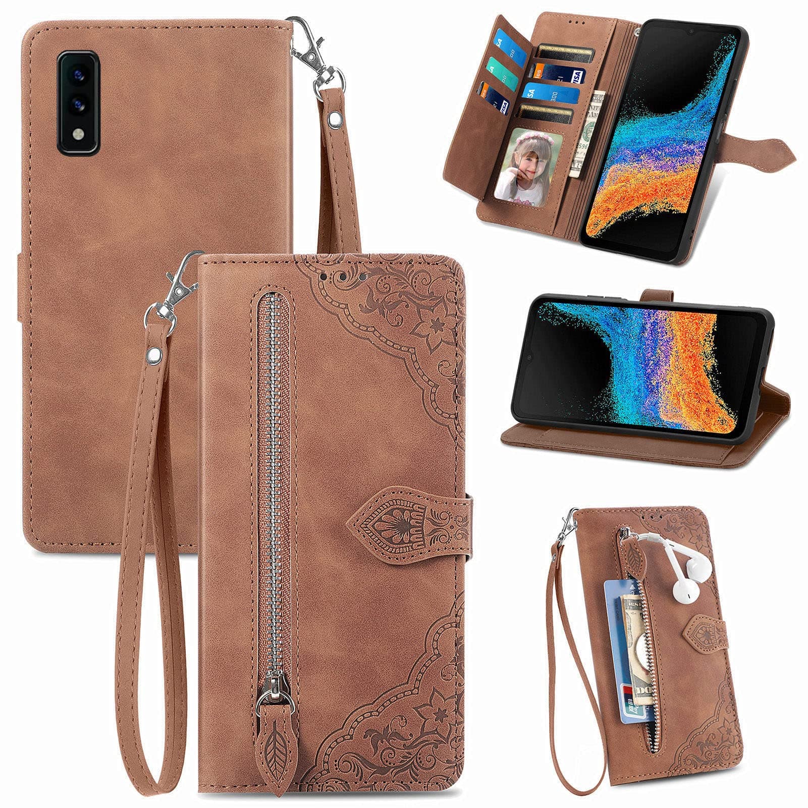 DAMONDY for Lively Smart Zipper Wallet Case with Strap,7 Card Holder Leather Flip Magnet with Money Pocket Full Body Protective Purse Cover for Women for Jitterbug Smart3 -Brown