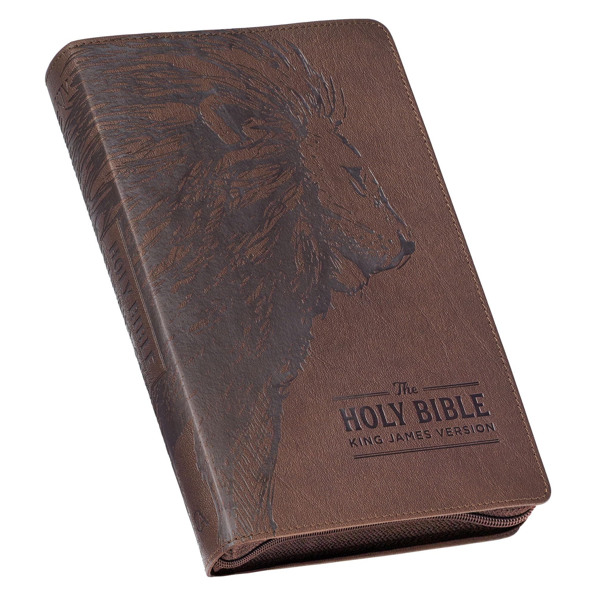 KJV Holy Bible, Standard Size Faux Leather Red Letter Edition Thumb Index, Ribbon Marker, King James Version, Brown Lion Zipper Closure (KJV Deluxe Gift Editions)