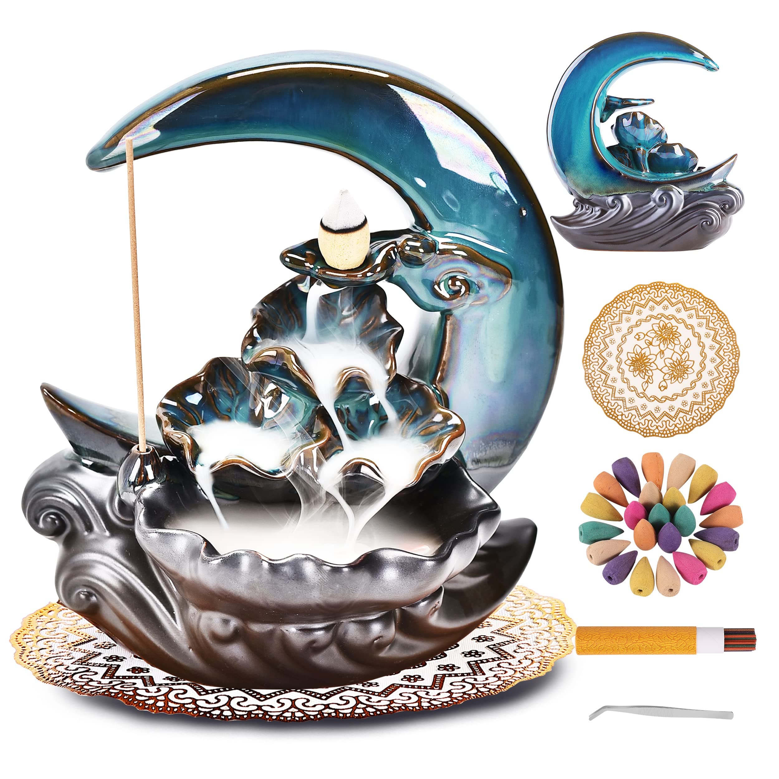 New Moon Backflow Incense Holder,Waterfall Incense Burner ,Ceramic Hand-Made Incense Fountain Burner with 100 Backflow Incense Cones,Fragrance Incense Stick,mat,Aromatherapy Home Decoration