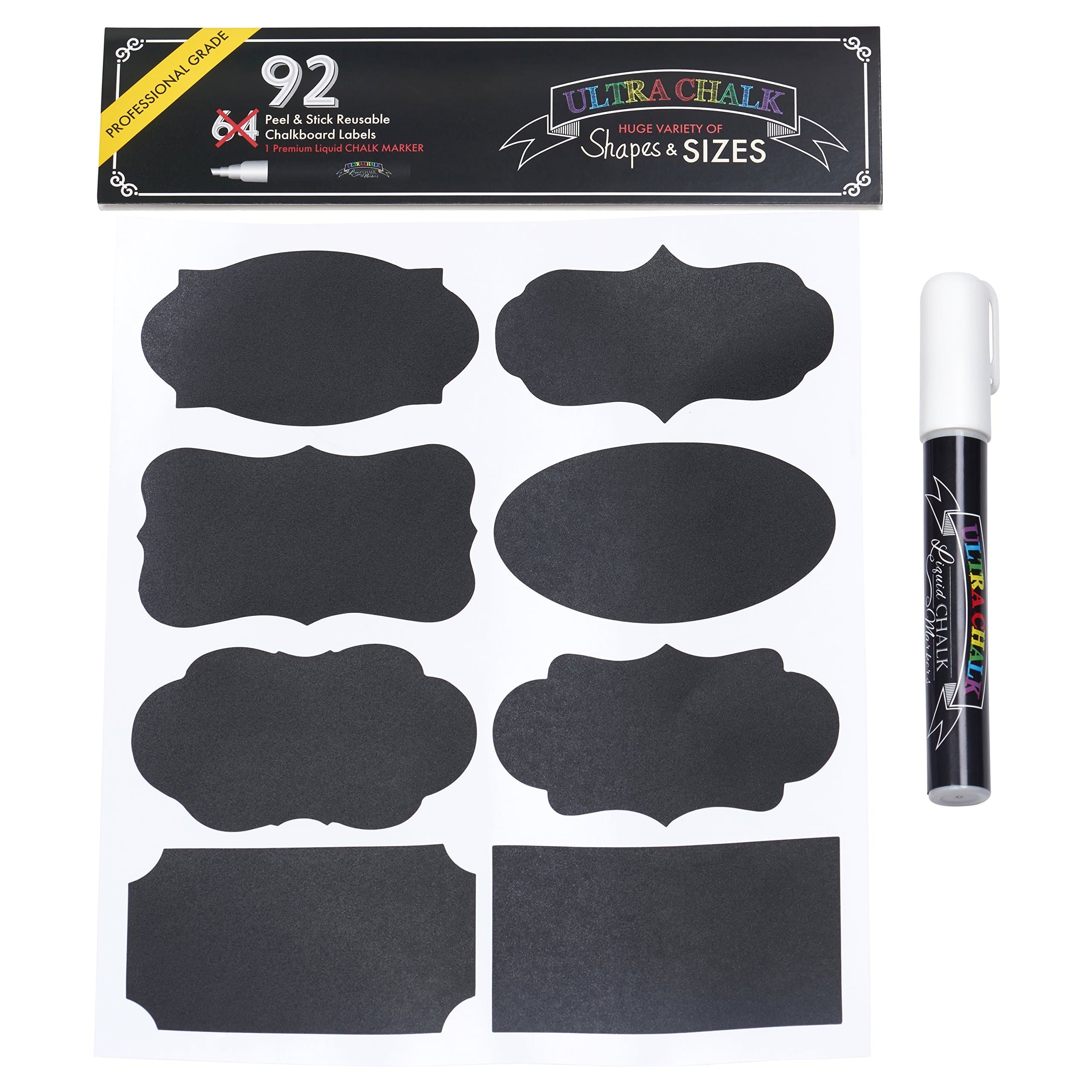 92-Pack Chalkboard Labels with Free Liquid Chalk Marker - Peel & Stick, Wipeable, Reusable Chalkboard Labels Perfect for Mason Jars, Canisters and More