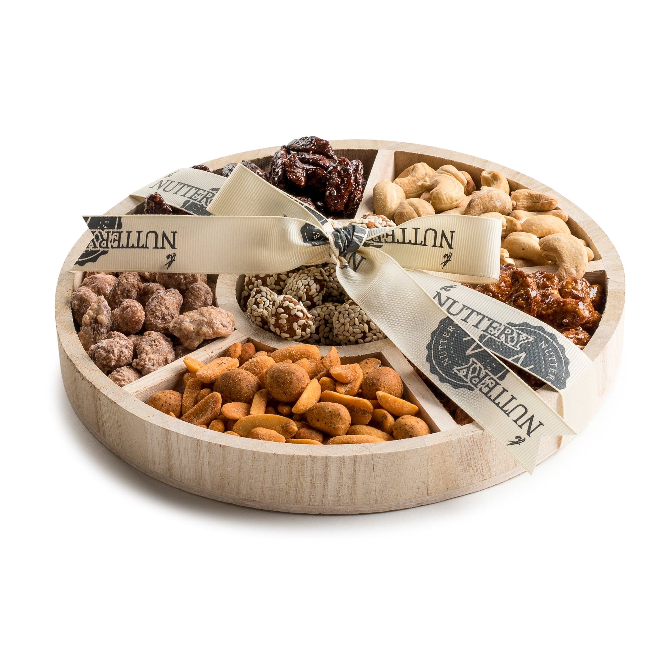 The Nuttery Wooden 6 Section Snack Serving Round Nut Tray
