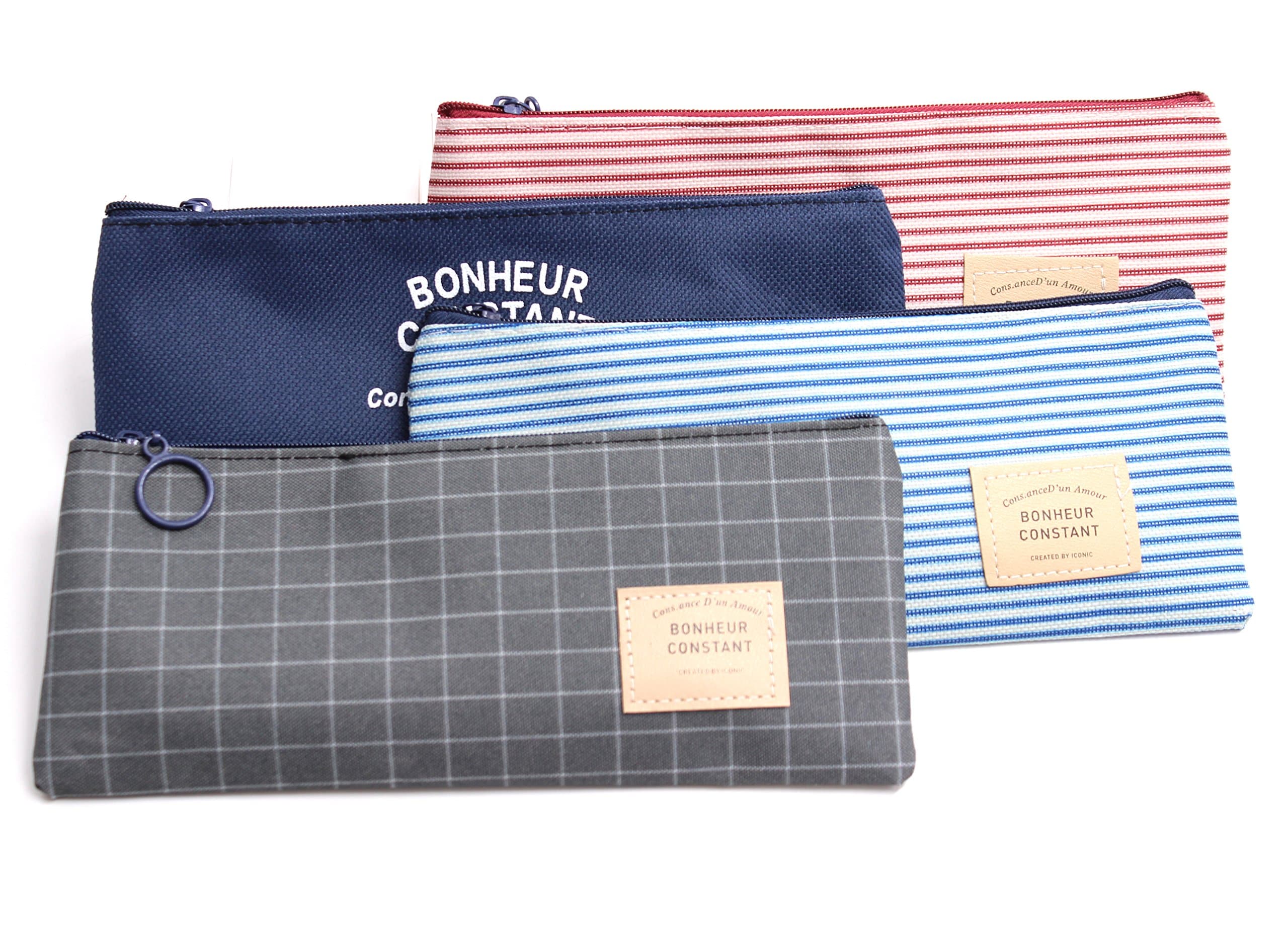 Canvas Pencil Holder 4 Pack Stripe Navy Pencil Case Colored Pencil Holder Organizer Plaid Cosmetic Makeup Bag Zipper Pouch for Kids Adults Girls Boys(Multicolor)