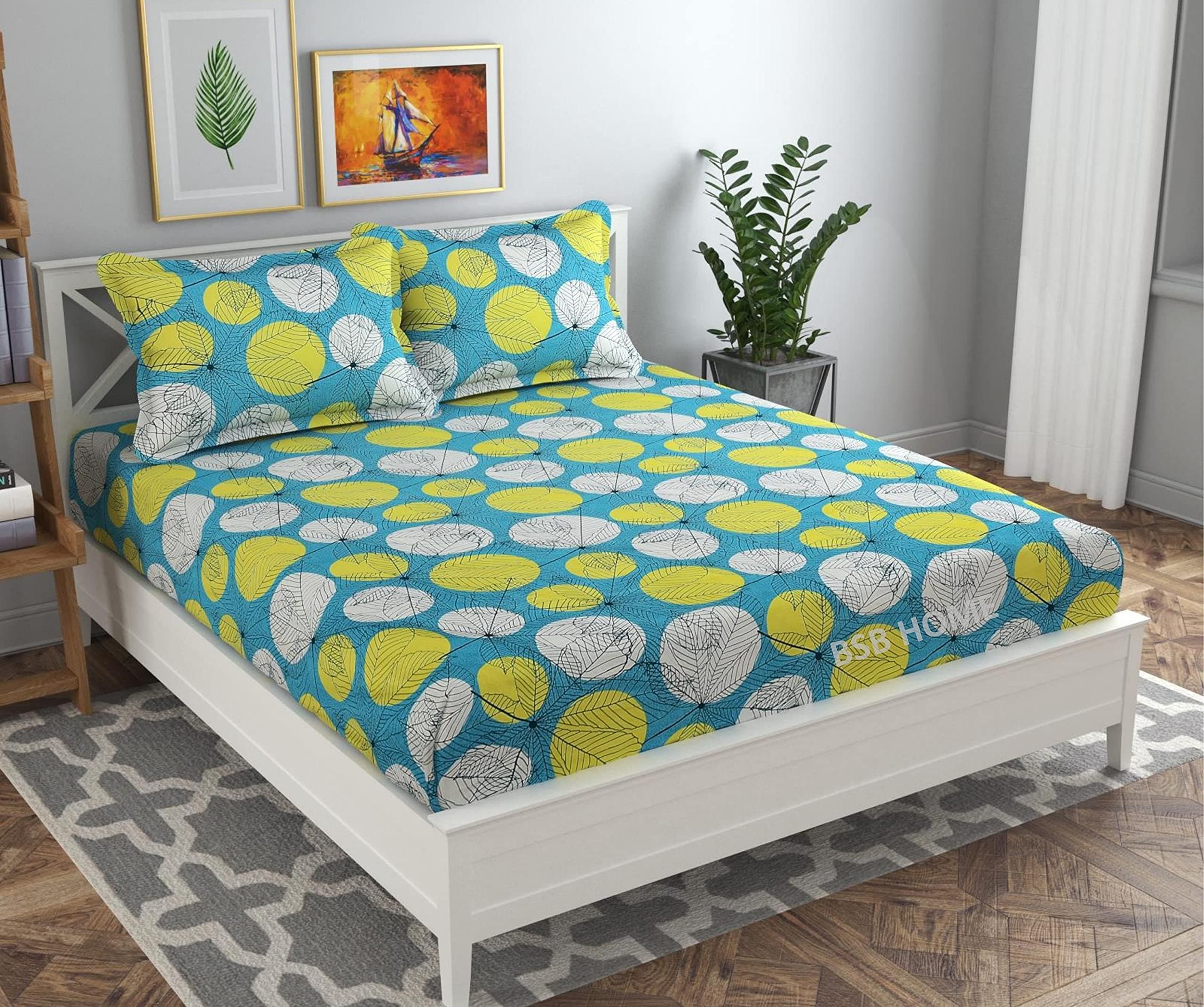 Bsb Home Premium Cotton All Round Elastic Fitted Bedsheets for Double Bed with 2 King Size Pillow Covers 160 Tc Supersoft |Wrinkel Free Bed Cover | Light Green with White & Yellow