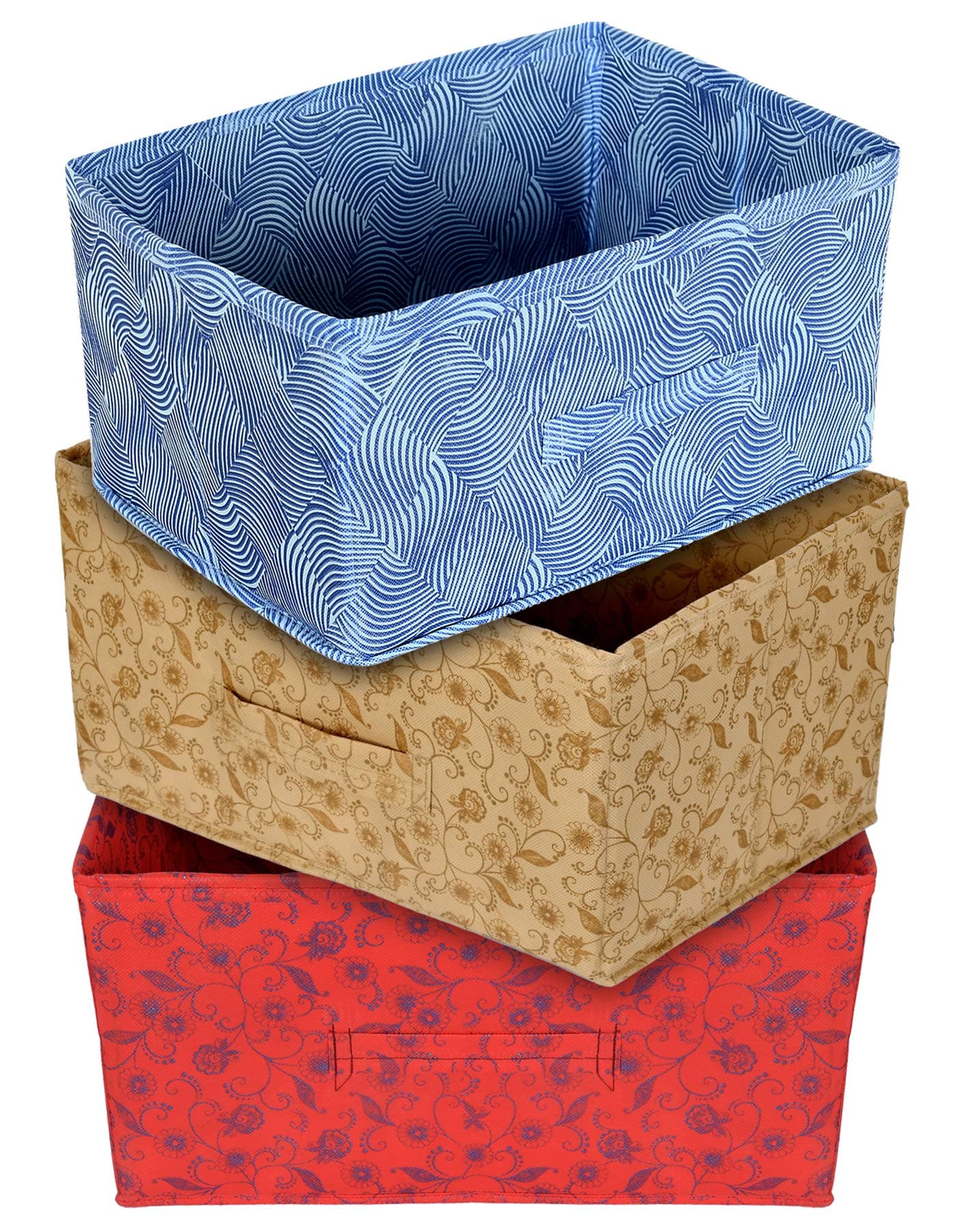 Kuber IndustriesLaheriya Metallic Print Rectangular Non Woven Fabric Modular Closet Organizer Box with Handle (Blue & Red & Beige, KUBMART15999, 42 x 29 x 22 cm), Set of 3