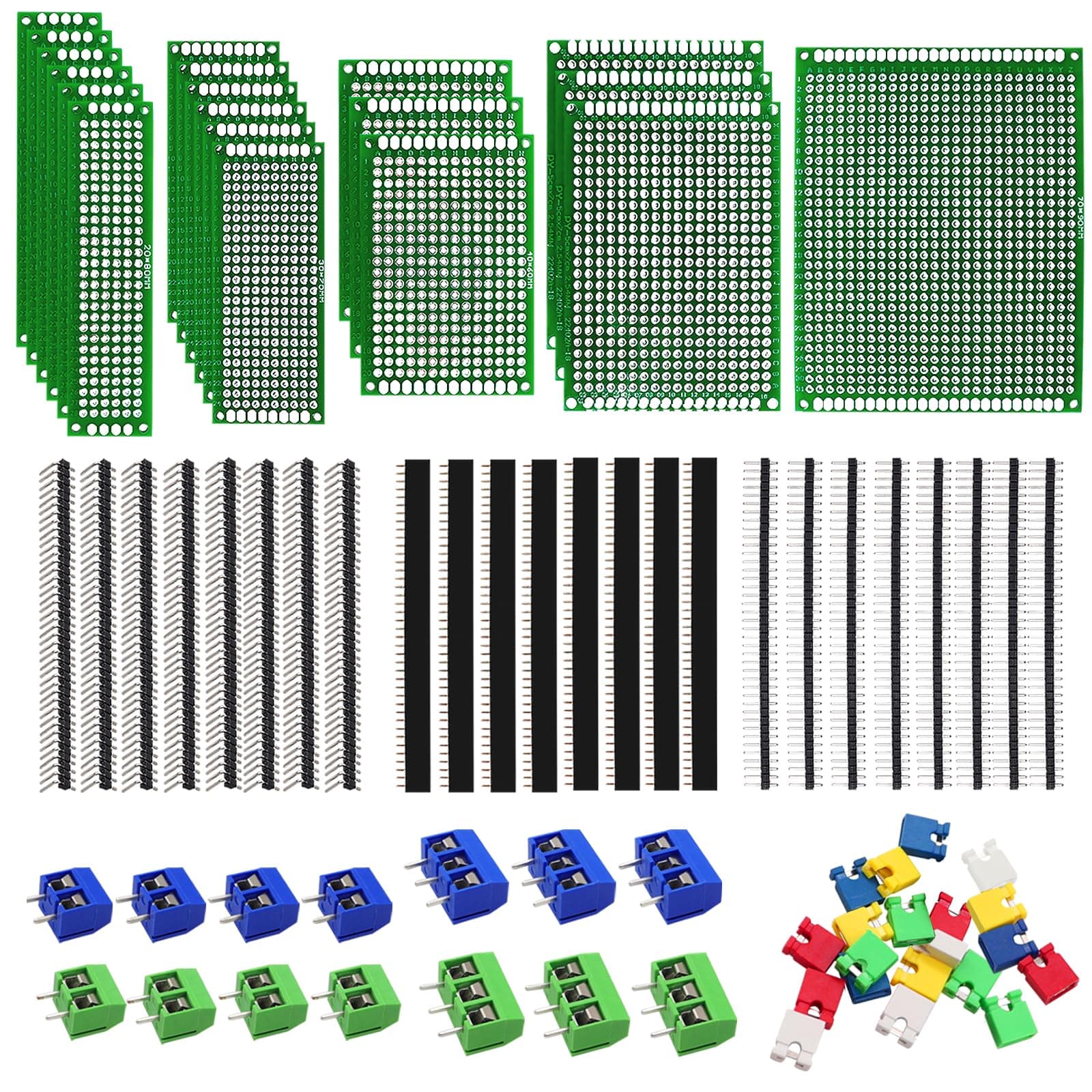 82 Piece Double Sided PCB Board Kit with 5 Sizes,40Pin 2.54mm Male & Female Header Connectors - Ideal for DIY Soldering,Electronic Projects, Arduino Kits,and Circuit Prototyping