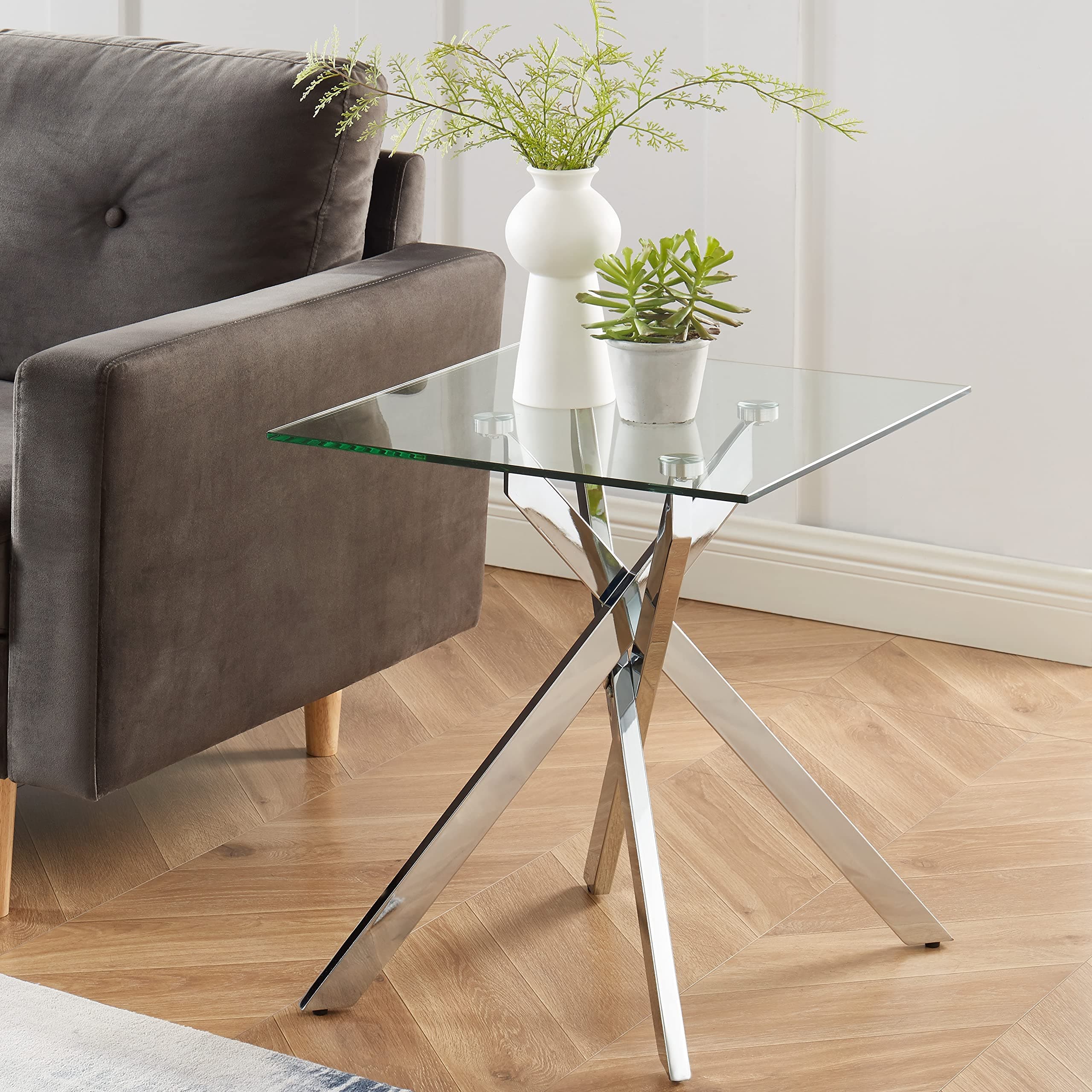 Edwin's Choice Modern Style Square Side Table with Tempered Glass Top and Metal Tubular Legs, Silver 20”Dx20”Wx22”H