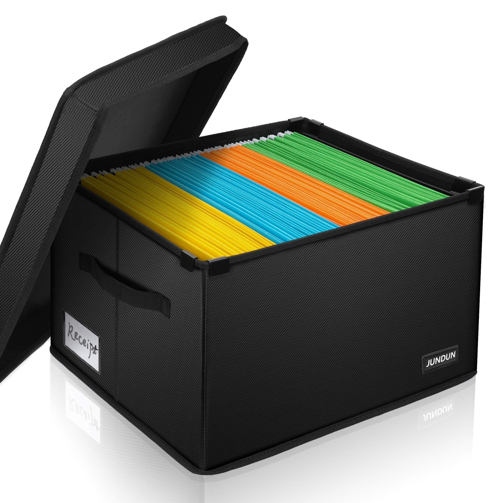 JUNDUN File Box, Fireproof File Organizer Box with Lid,Collapsible Hanging File Box with Handle,Portable Safe Storage Box for Office Home, Letter Size Legal Folder,Silver