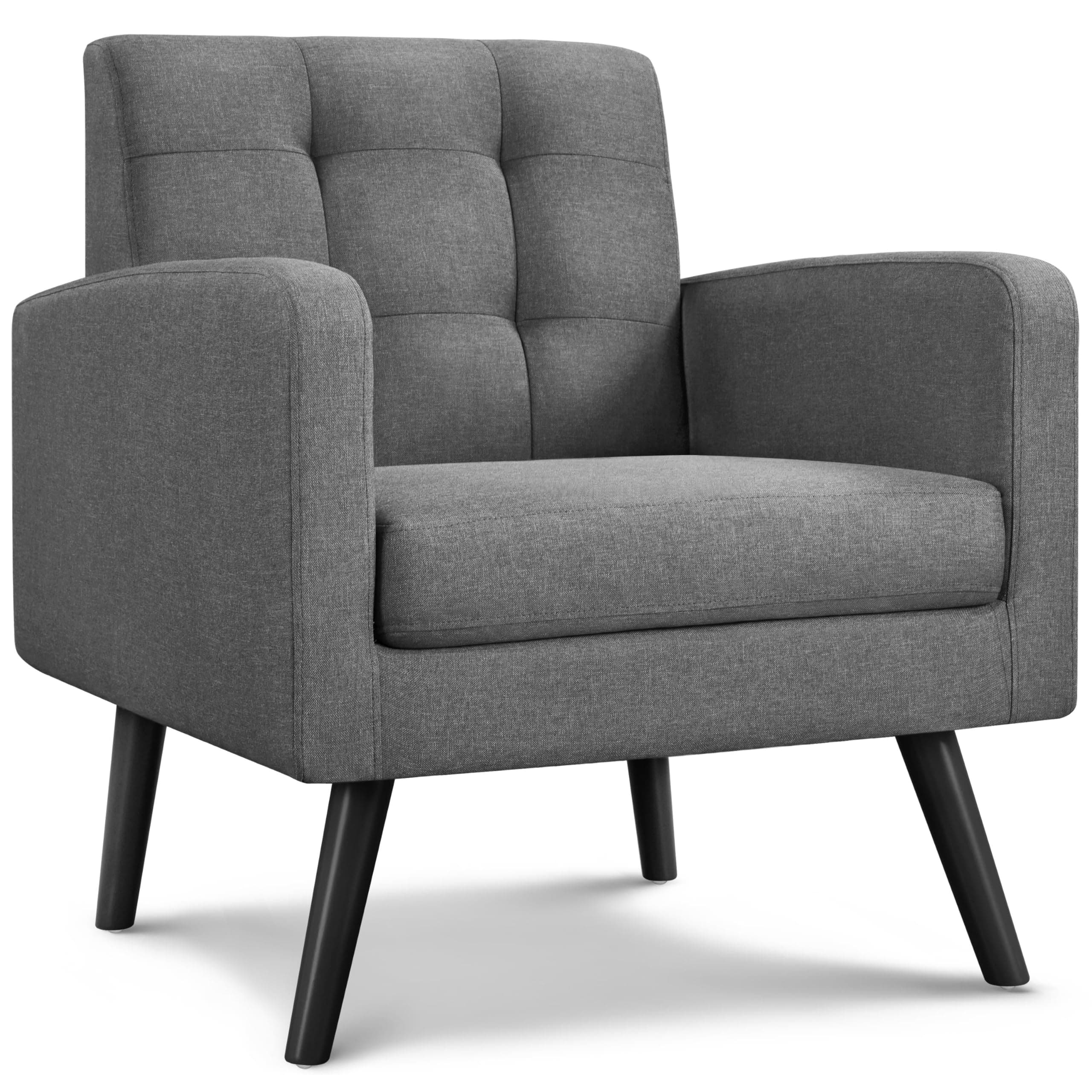 Yaheetech Modern Armchair, Mid-Century Accent Chair with Button Tufted Back&Wood Legs for Living Room/Bedroom/Office, Dark Grey