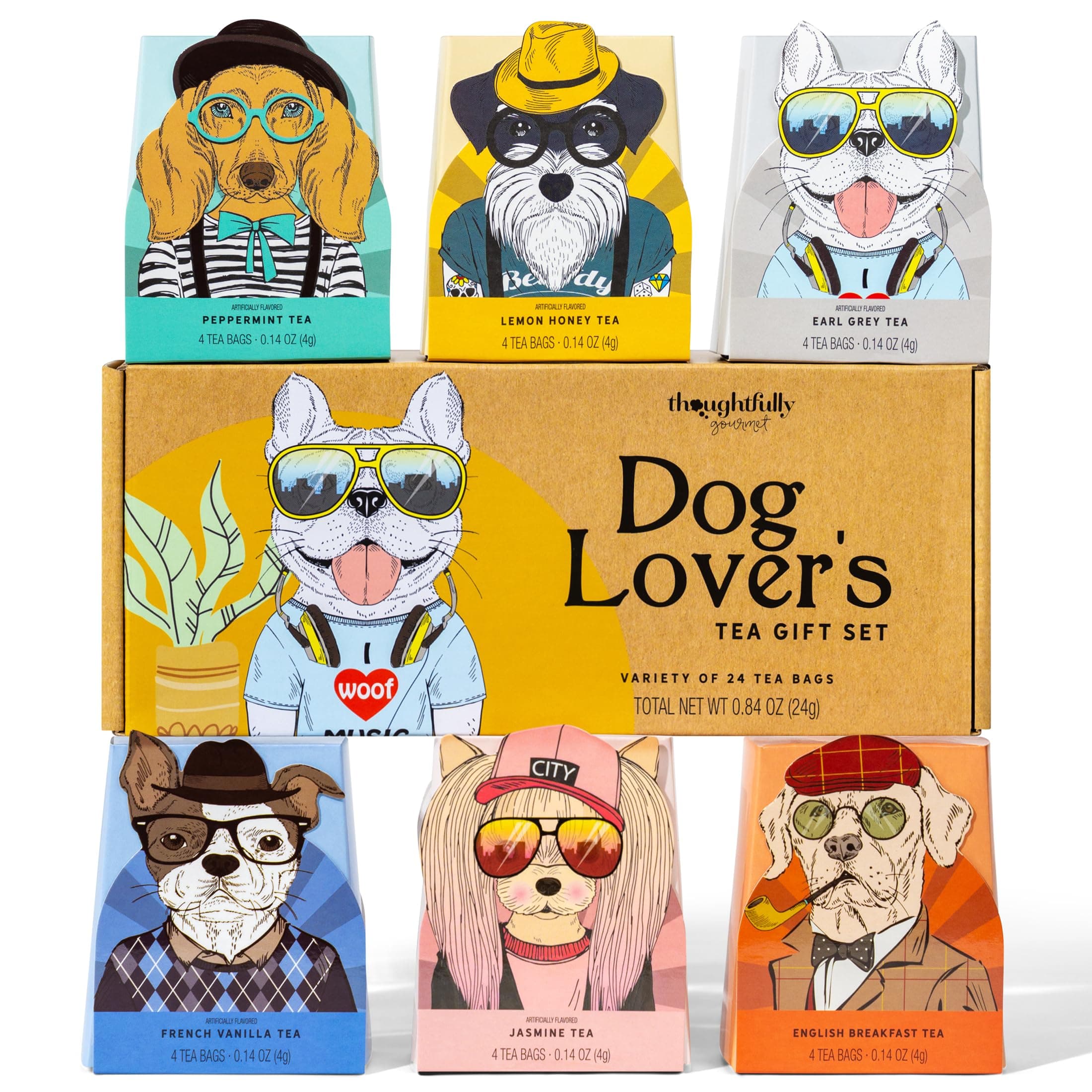 Gourmet, Dog Lover’s Tea Gift Set, Includes 24 Teas in 6 Flavours with Stylish Dog Art and Fun Quotes for Dog Moms and Dog Dads, Set of 24