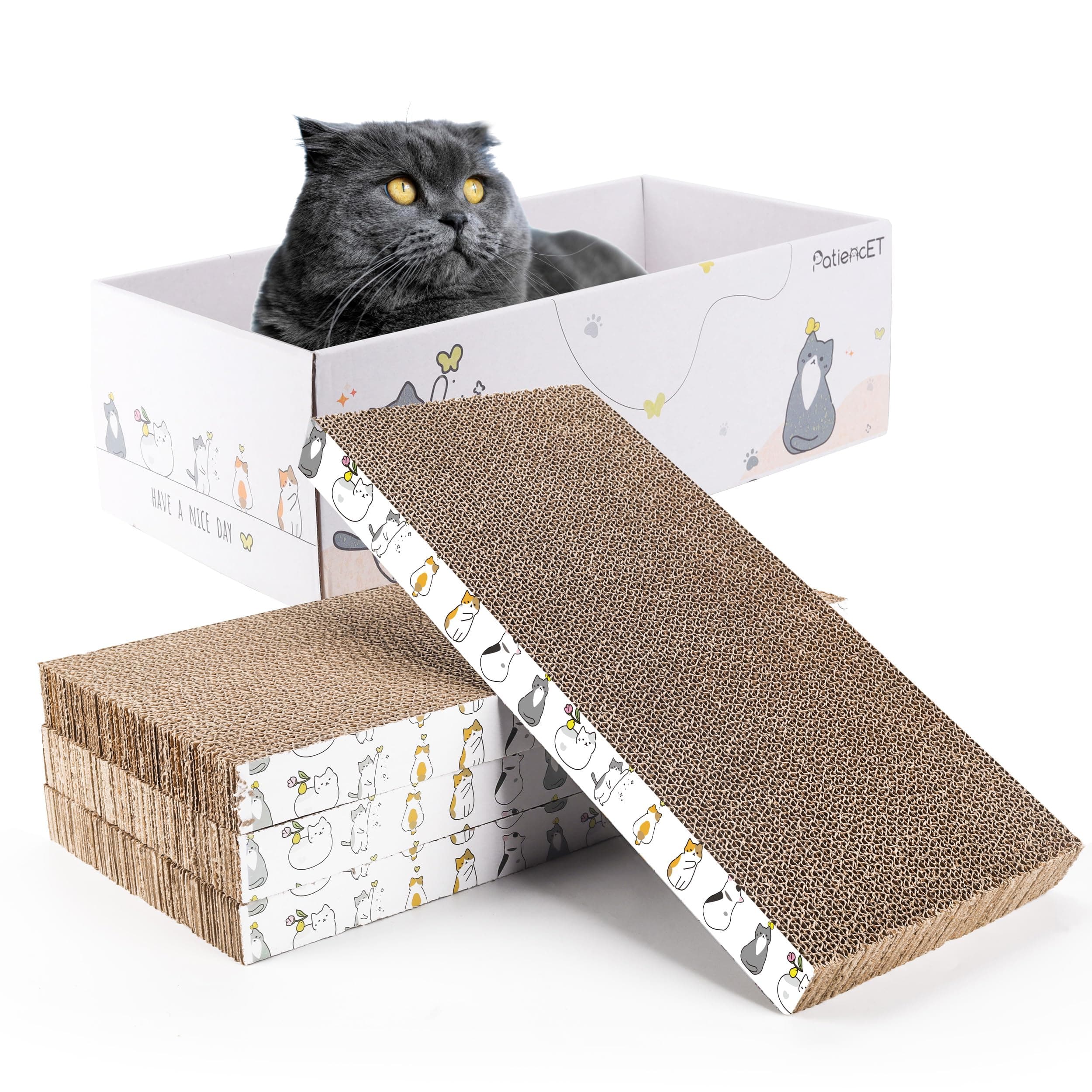 PatiencET 4 Pack Cat Scratch Pad with Box, Cardboard Cat Scratcher for Indoor Cats, Reversible Scratcher with Catnips Box Bed Desigh for Small Medium Cat Kitten, Scratching Board for Cats