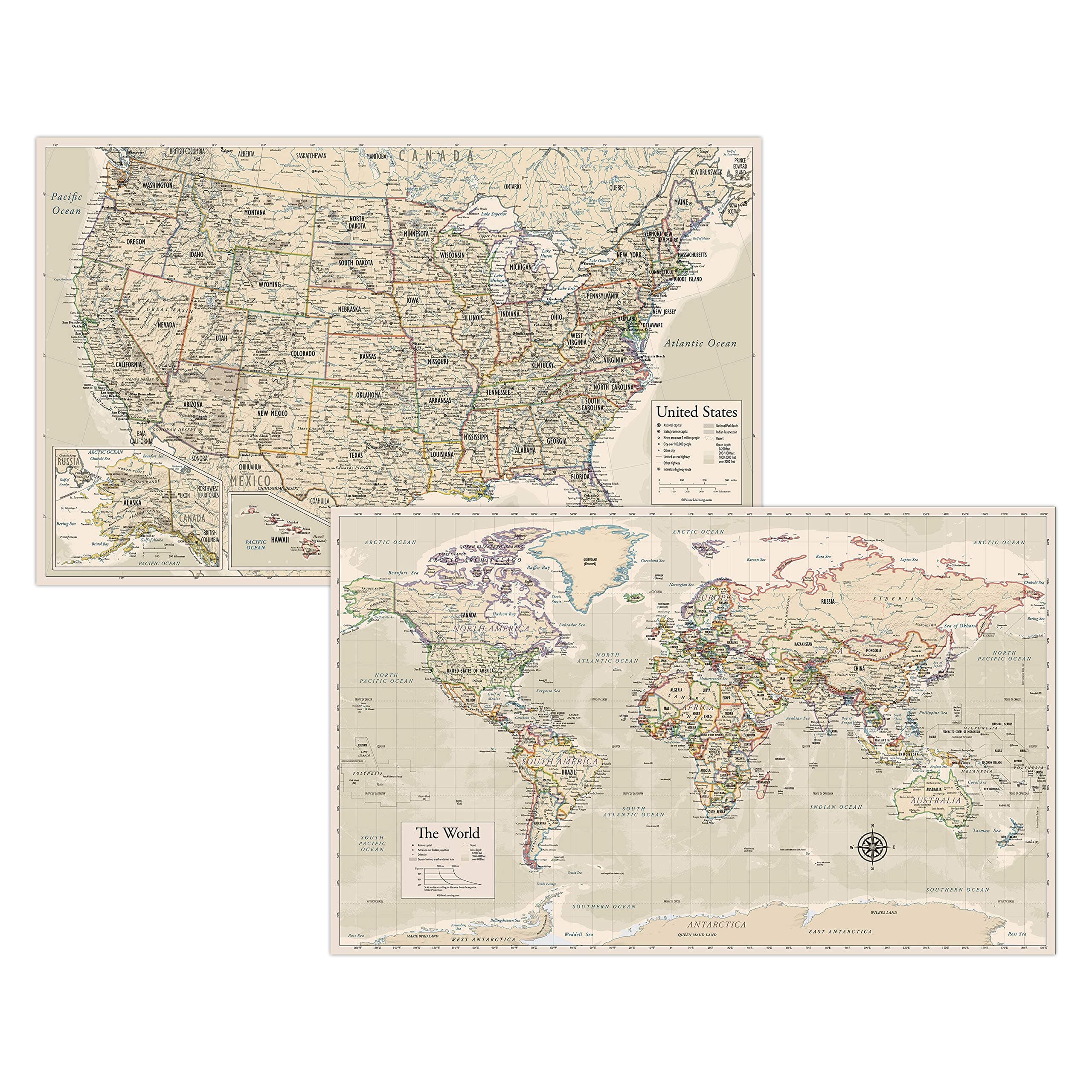 Antique Laminated World Map & US Map Poster Set - 18" x 29" - Wall Chart Maps of The World & United States - Made in The USA - Updated for 2020 (Laminated, 18" x 29")