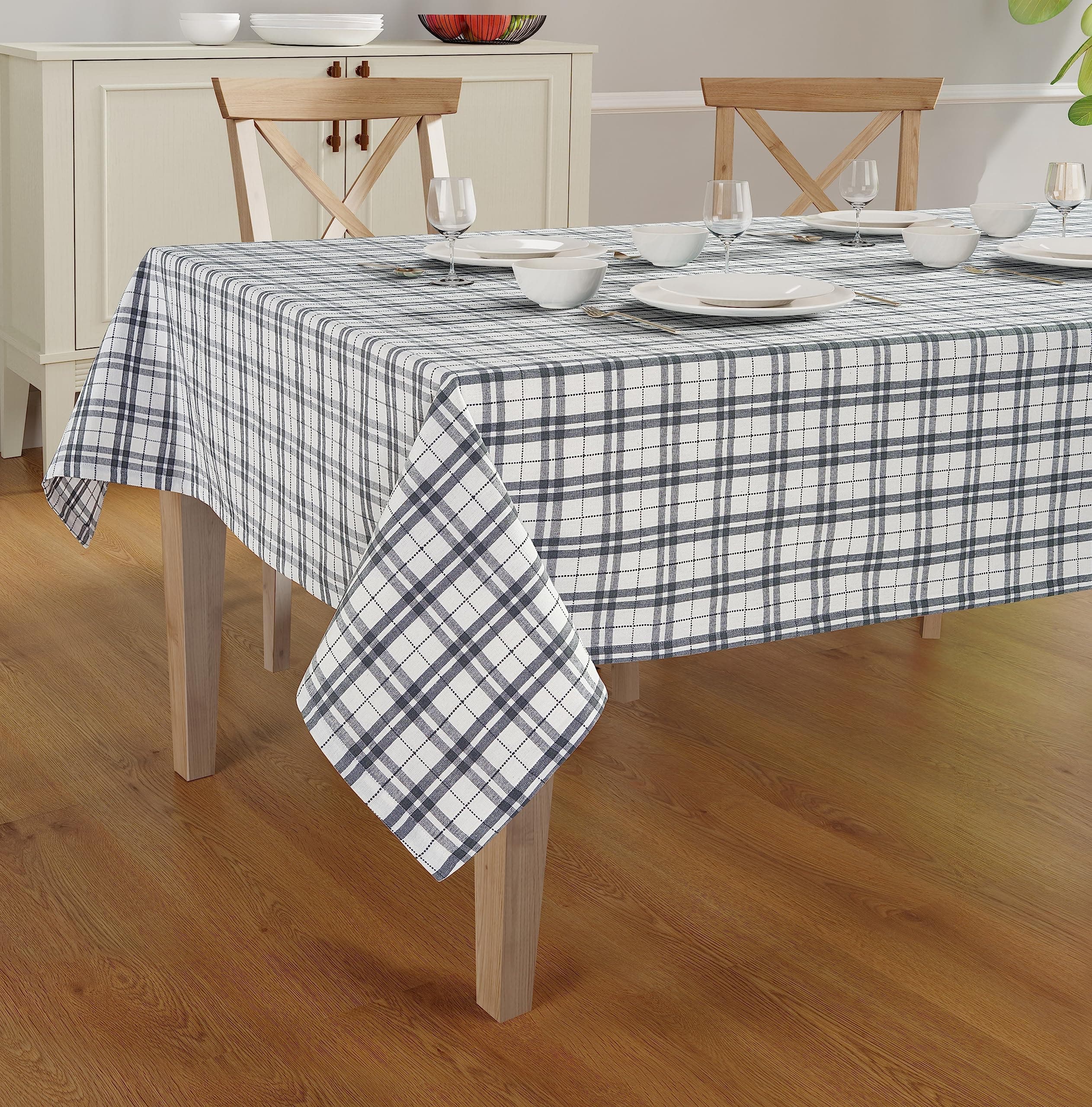 Dobby Check Tablecloth. Mitered Stitching 100% Ring Spun Cotton Tablecloth in Size (60x120 inches). Rectangle/Oblong Color - Dark Grey