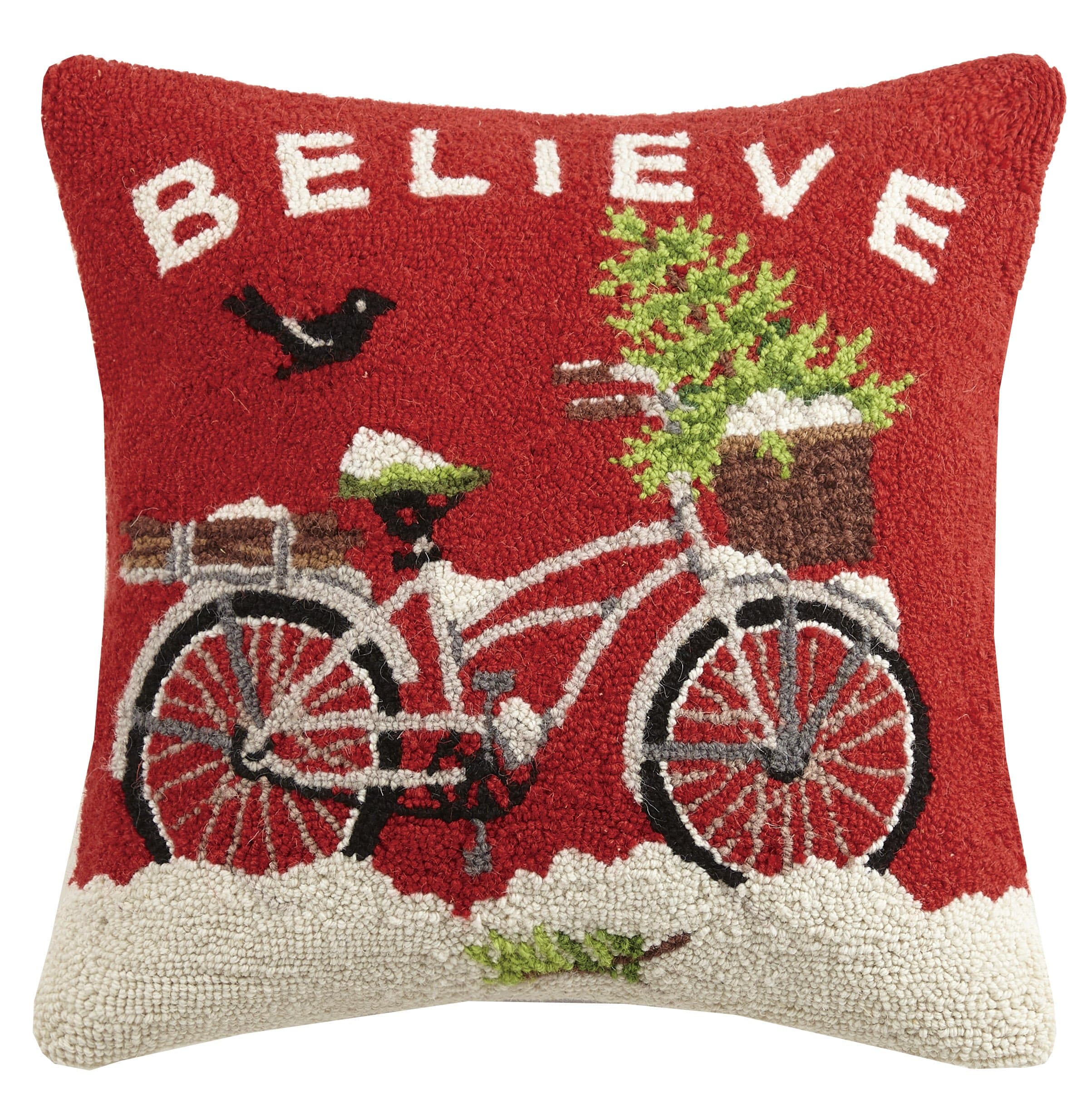 Peking Handicraft Believe Hook Wool Throw Pillow, Red