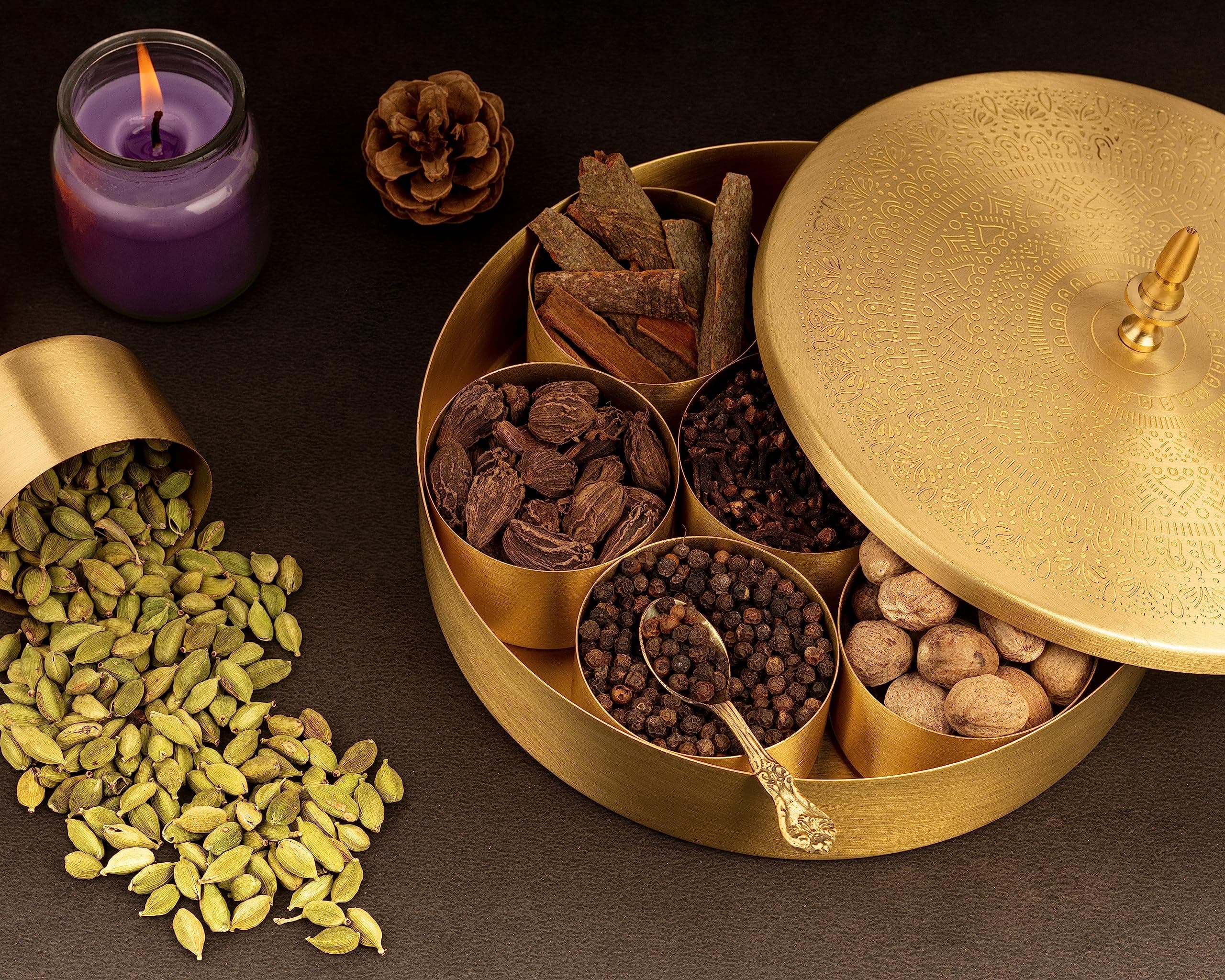 AKSHATA (06 Hand Etched Brass Spice Box Set For Kitchen With Spoon (7 Containers, 40 Ml) - Brass Masala Box For Kitchen - Species Container - Brown 1set