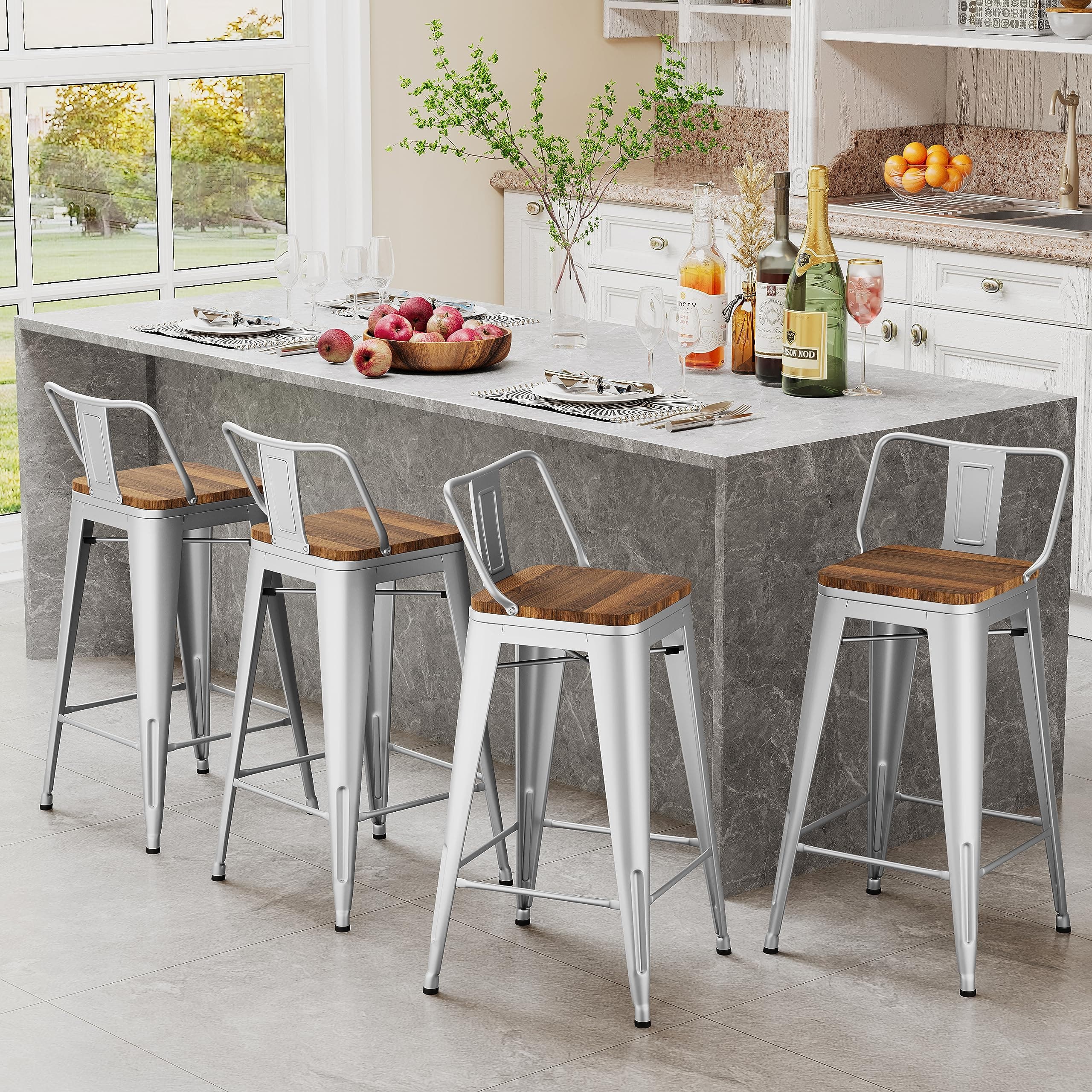 Andeworld Metal Bar Stools Set of 4 Kitchen Counter Stools Bristro Barstools Industrial Bar Stools(24inch Silver with Wooden Seats)
