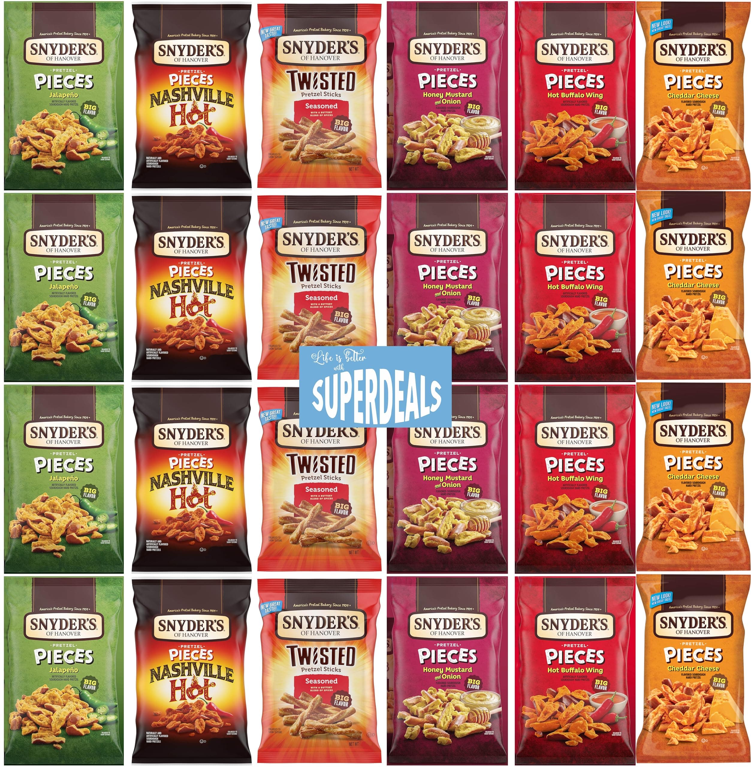 Ultimate Snyders Bundle Package, Value Pack Bundled by SUPERDEALS, Pack of 24 with mystery gift 4 Cheddar Cheese, 4 Hot Buffalo Wing, 4 Jalapeno, 4 Honey Mustard, 4 Nashville Hot, 4 Twisted Sticks.