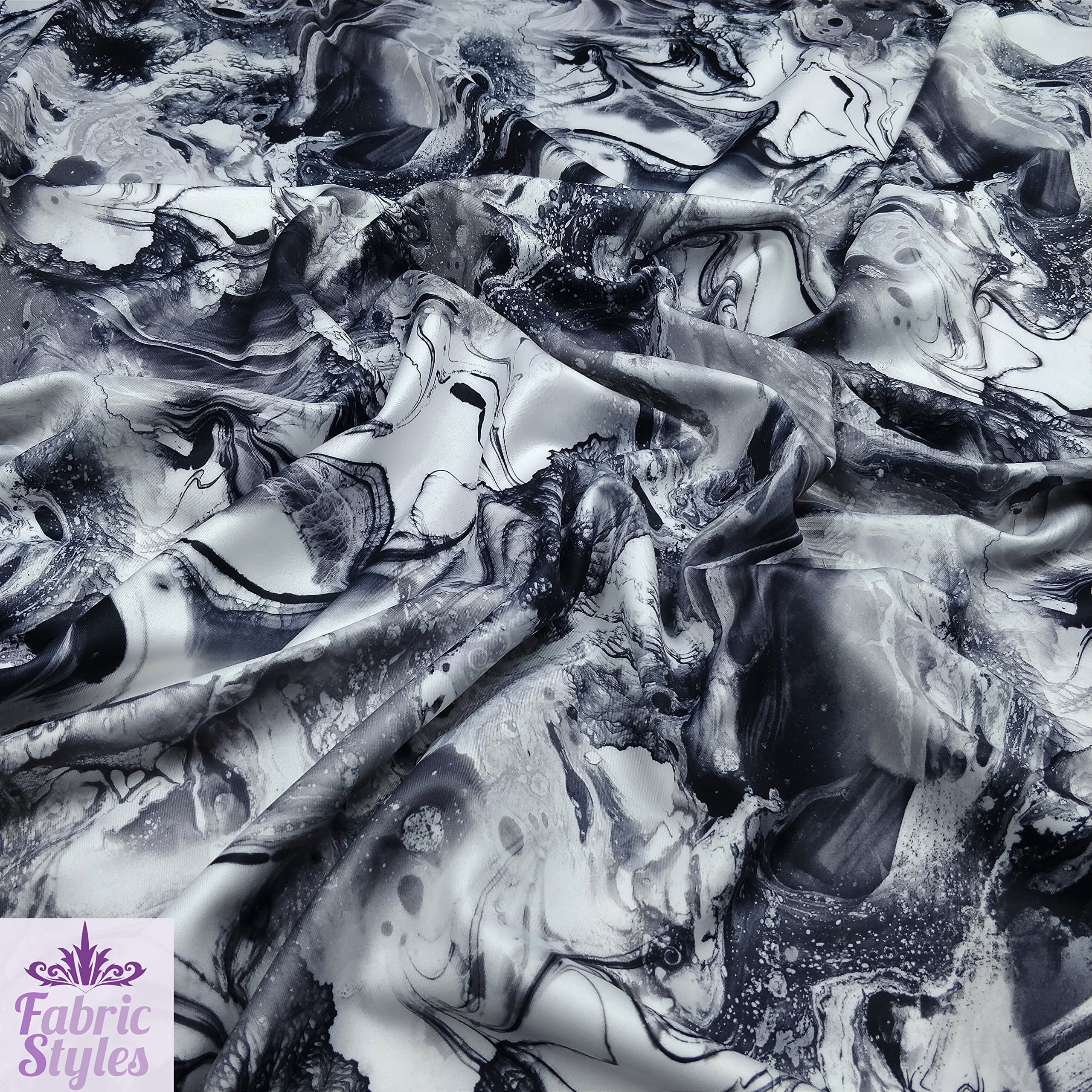 FS091_1 Tie Dye Black White Marble Effect Print Jersey Scuba Stretch Fabric Neoprene (Per Metre