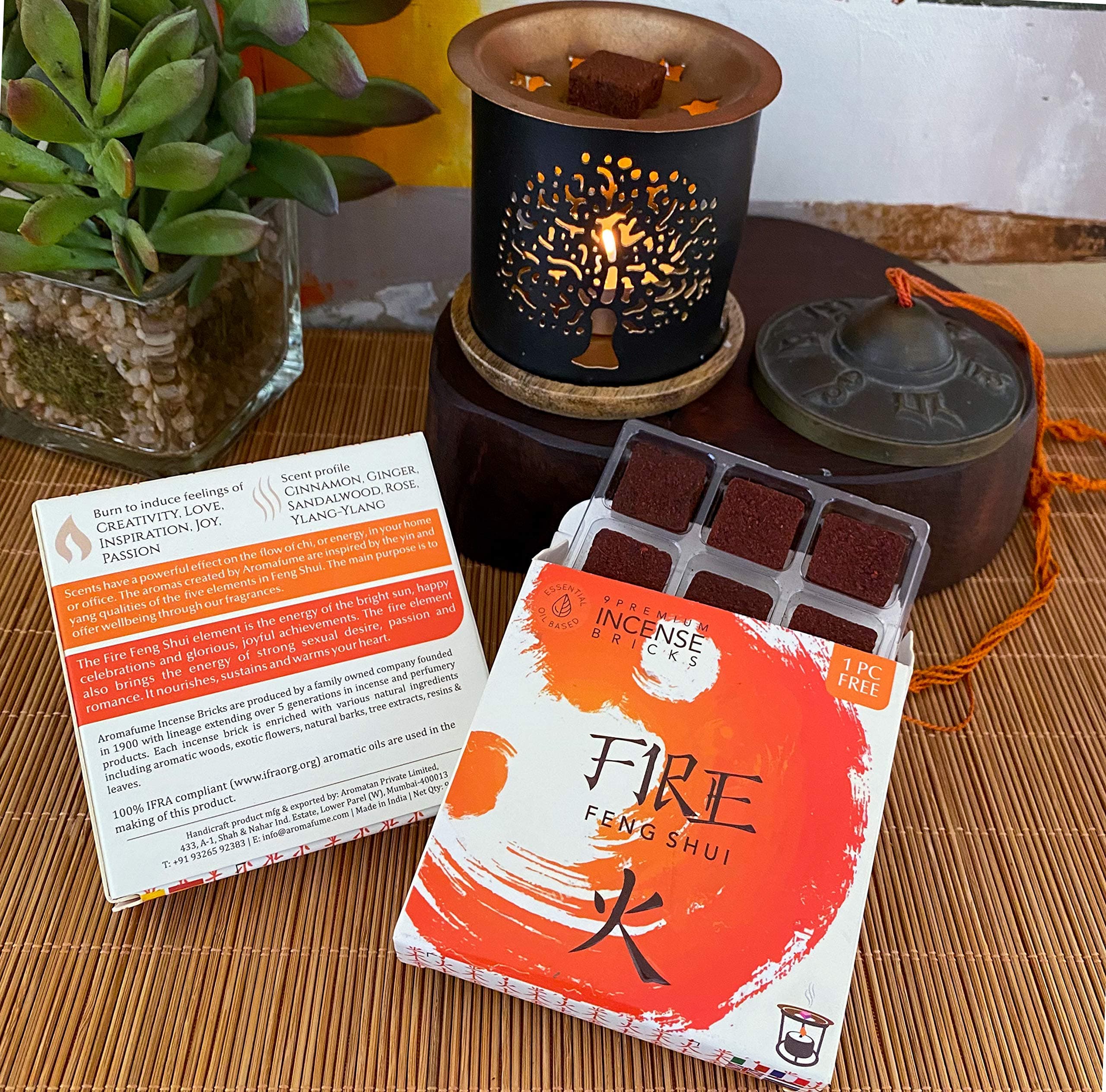 Fire Element - Feng Shui Incense Brick Set by Aromafume | 2 Trays x 9 Bricks & Tree of Life Incense Brick Burner | Create Better Feng Shui | Balance The Fire Element | Induce Creativity, Love & Joy