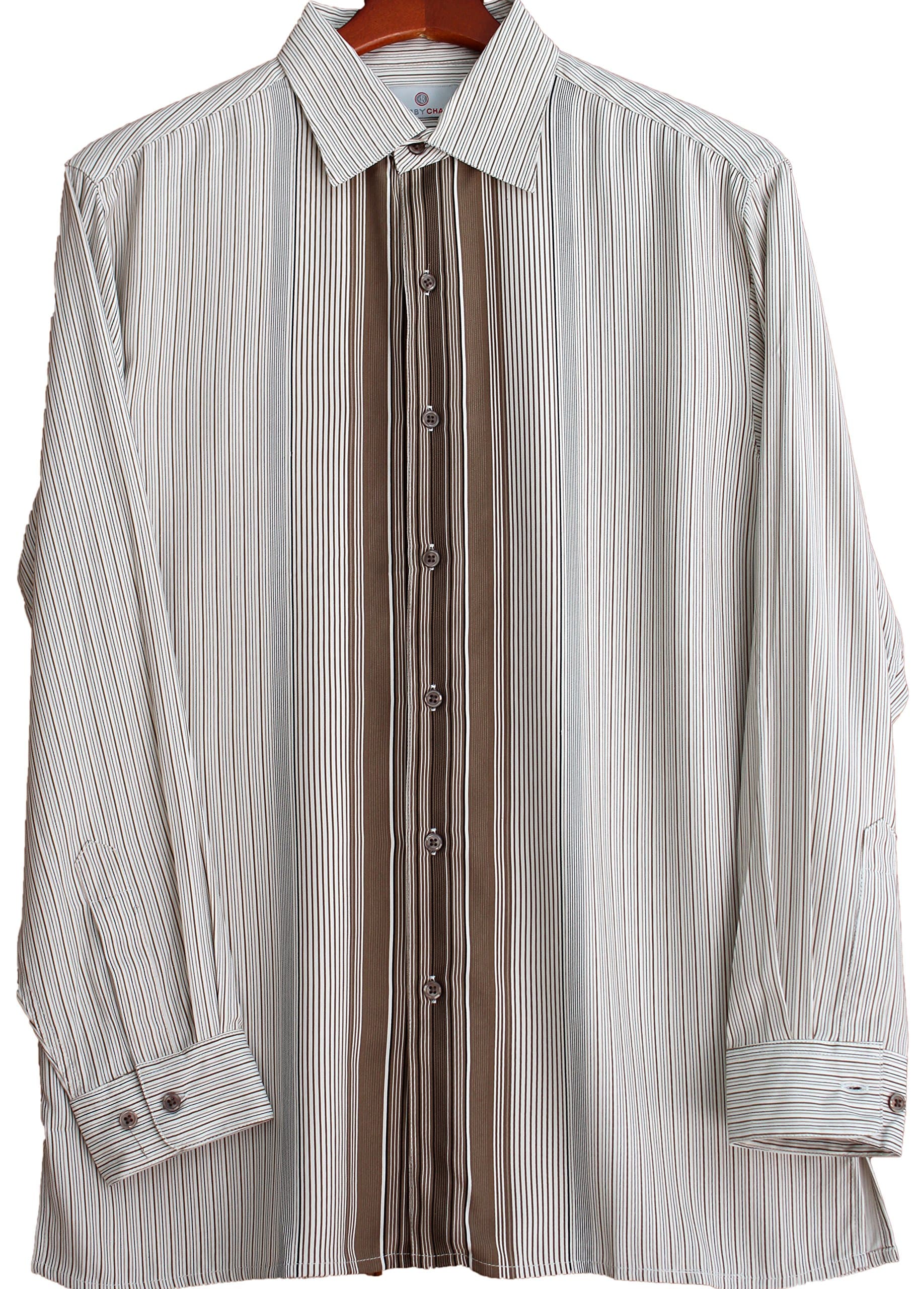 Bobby Chan Mens Silk Camp Shirt Button Front Long Sleeve Striped Retro Dress Casual (Small, Nutmeg)
